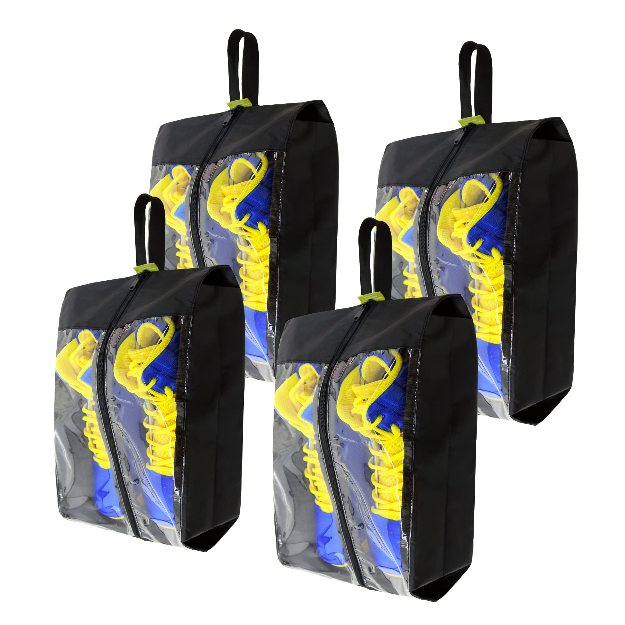 BeeGreen Black Shoe Bags for Travel - 4 Pack Durable Nylon Shoe Organizers with Double Zippers & Handle - Transparent Shoe Storage Bags for Men & Women - Perfect for Suitcase Organization, Gym Shoes, and Travel Accessories