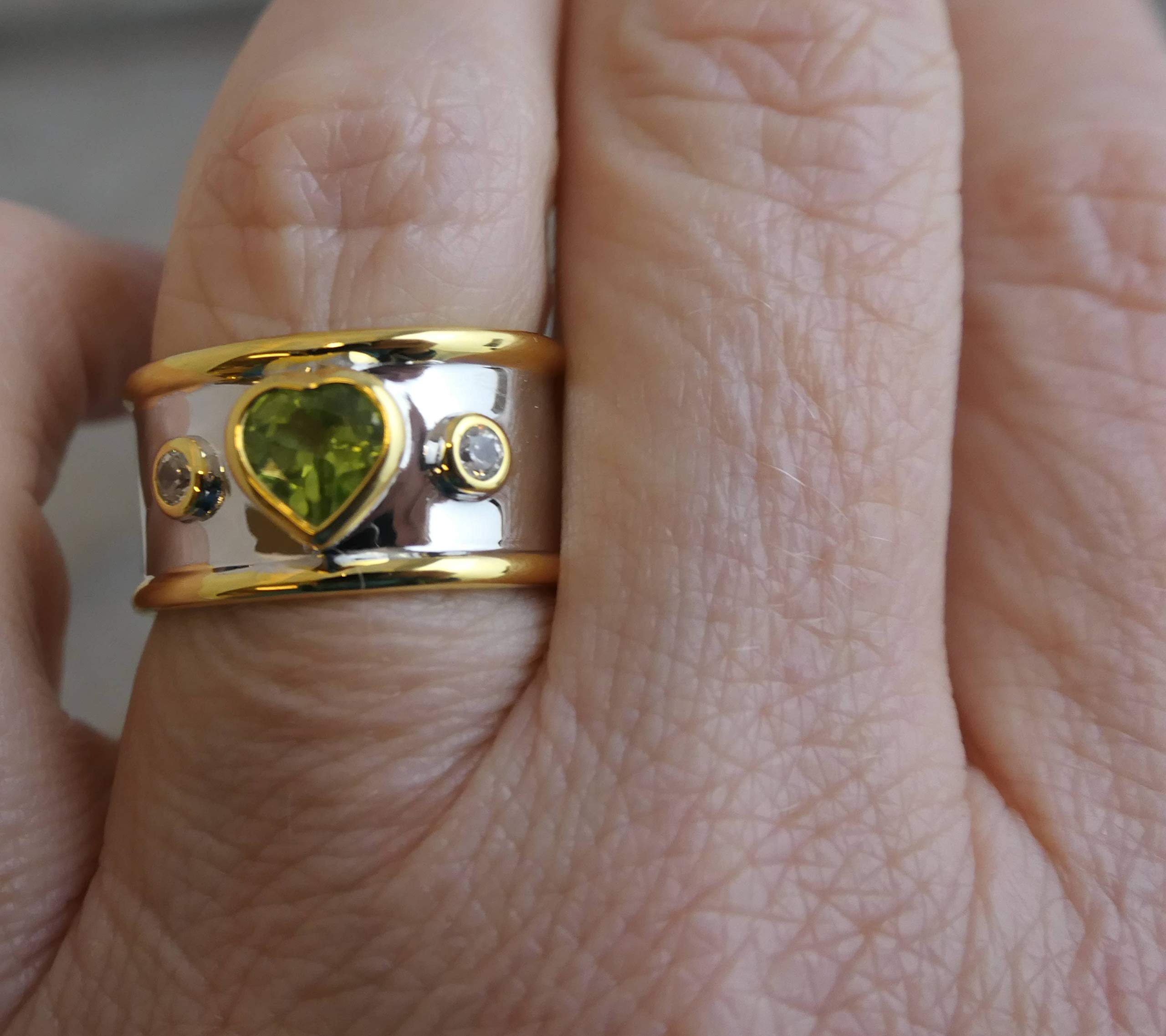 Peridot & Zircon Heart Shaped Sterling Silver Ring - Natural Gemstone Jewelry, August Birthstone - Handmade Gift for Women, Valentine's Day, Mother's Day & Birthday - Perfect for Romantic Occasions, Anniversary Celebrations & Special Surprises