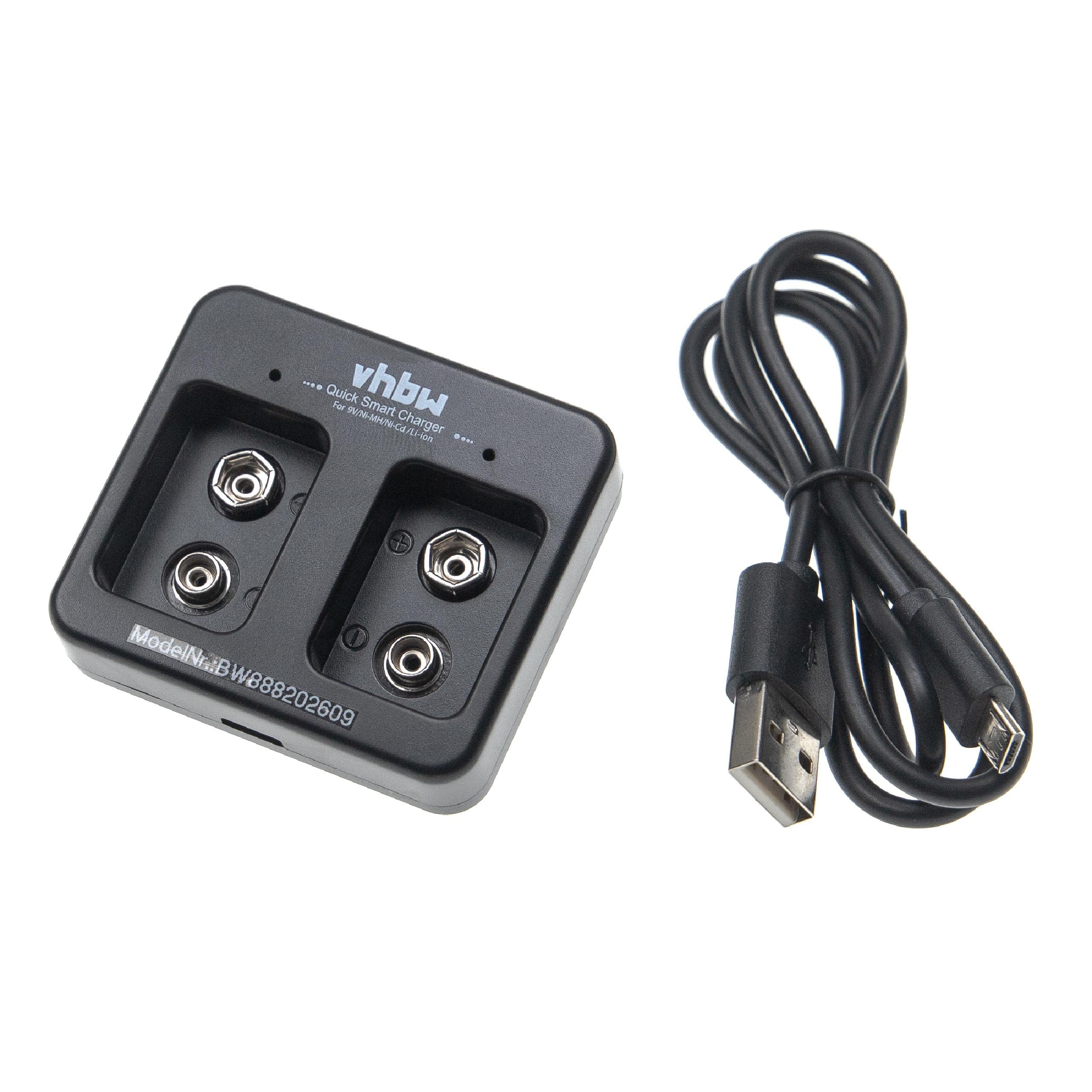 VHBW Universal Battery Charger for Ni-CD, NiMH, Li-ION & 9V Block Batteries - 2 Slot Micro-USB Fast Charging | Perfect for Cameras, Toys, Remote Controls & Electronic Devices