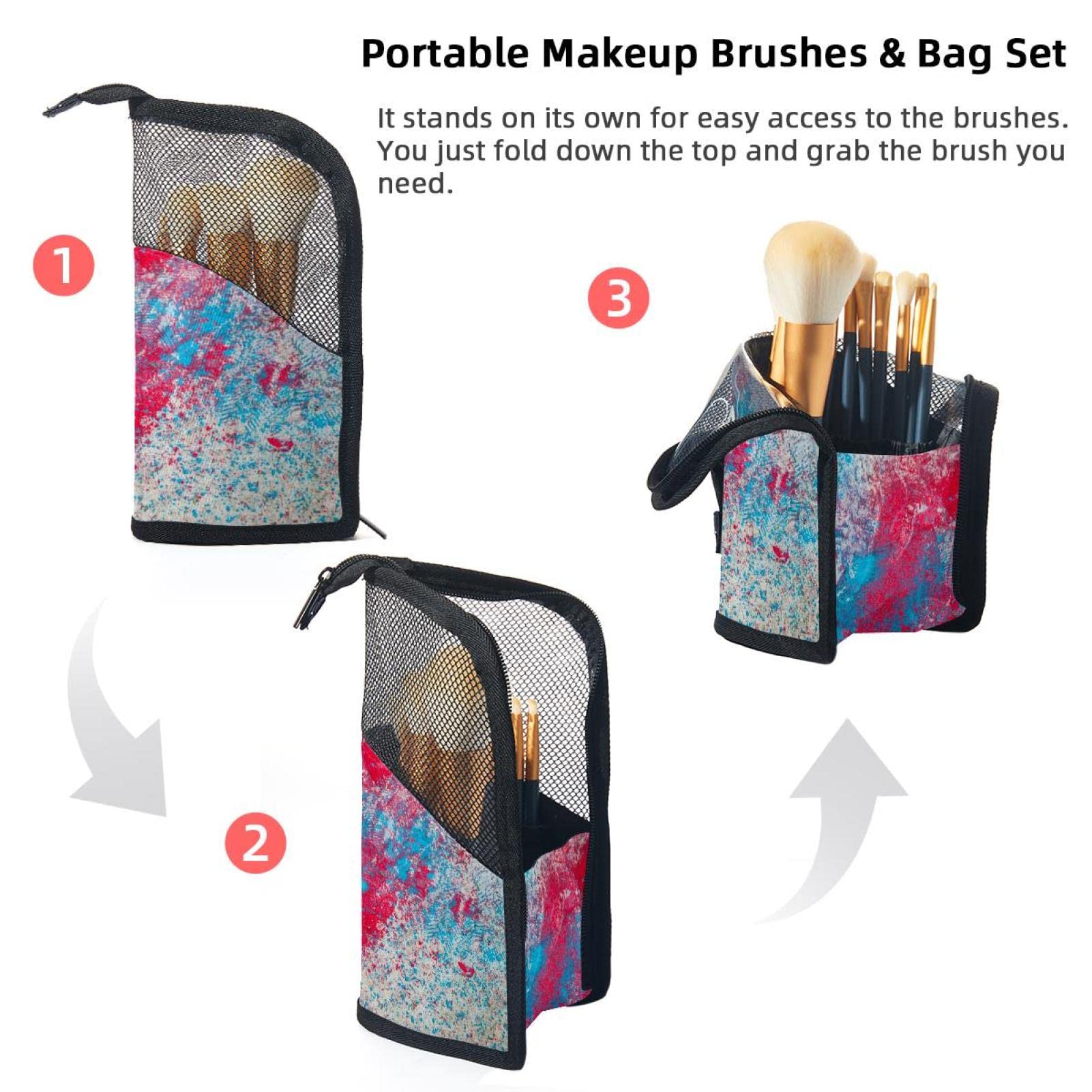 12-Piece Makeup Brush Organizer Bag Set - Portable Waterproof Cosmetic Brush Holder Case with Graffiti Design (Blue/Red) - Perfect for Travel, Home Storage & Professional Makeup Artists
