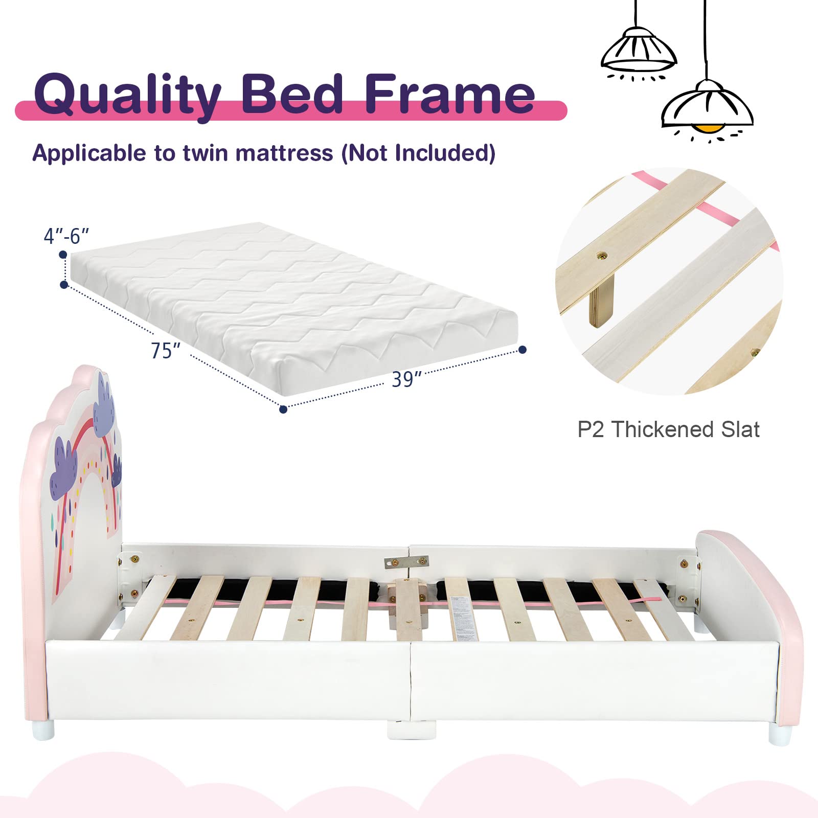 **HONEY JOY Twin Bed Frame for Kids - Sturdy Wooden Platform Bed with Headboard & Slat Support, No Box Spring Needed - Perfect for Boys & Girls Bedrooms - Fits Standard Twin Mattress (Rainbow Design) - Ideal for Toddler Rooms, Sleepovers & Cozy Bedtime Stories**