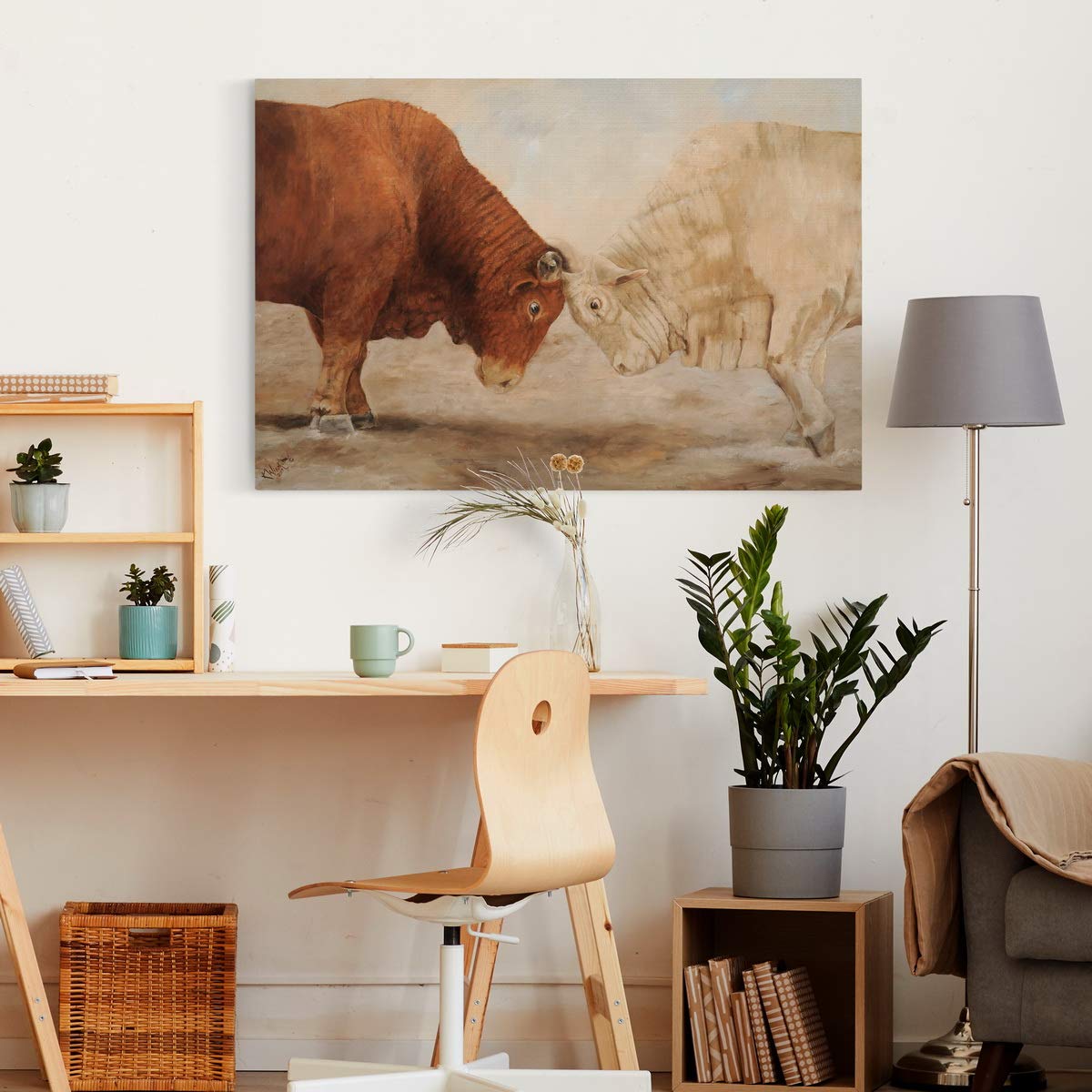 Premium Gallery Wrapped Canvas Wall Art - Two Bulls Fighting in Vibrant Orange, White & Brown - Western Style Home Decor (32x48 Inches) - Ready to Hang Made in USA | Perfect for Living Room, Office or Western-Themed Spaces
