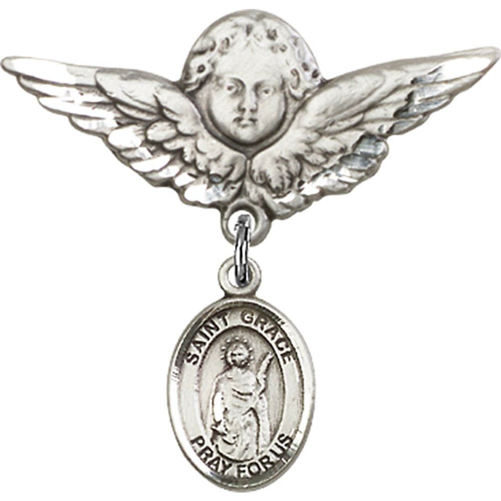 925 Sterling Silver Baby Badge with St. Grace Charm & Angel Wing Pin - 1 1/8 x 1 1/8 Inch - Perfect for Christening Gifts, Baby Blessings & Baptism Ceremonies