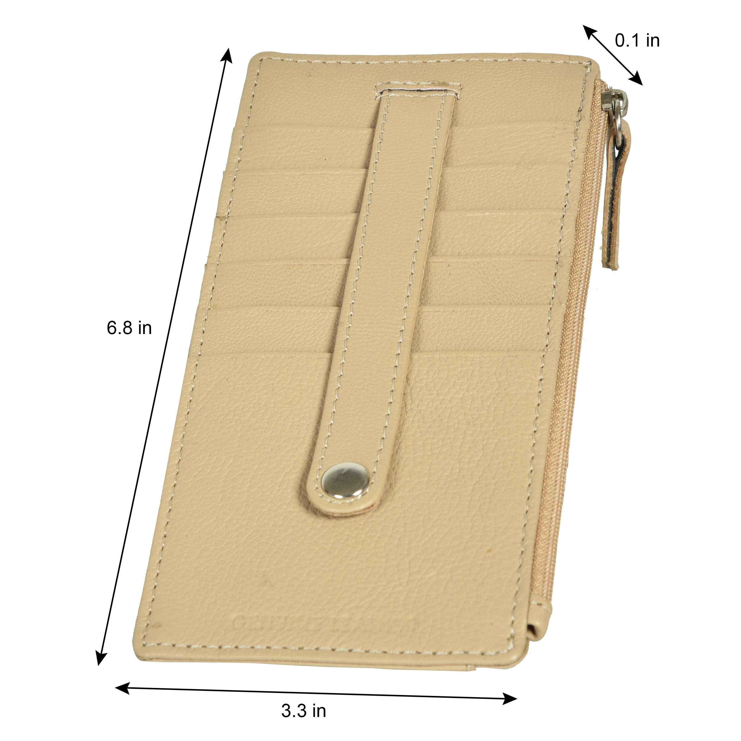 Genuine Leather Women's Slim Wallet - Card Holder with Zipper for Business & Travel (Beige)