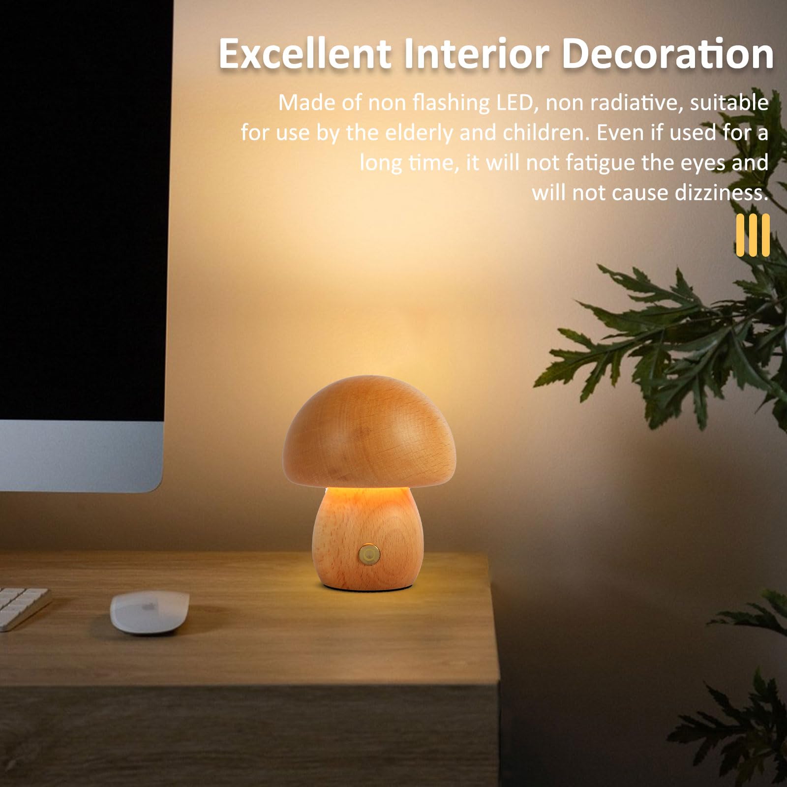 USB Rechargeable Mushroom Night Light - Dimmable LED Touch Lamp with 600mAh Battery, Wooden Table Lamp for Bedroom, Living Room, Nursery | Eye Protection Ambient Lighting for Kids & Adults | Perfect for Bedside, Reading Corner, and Cozy Home Decor