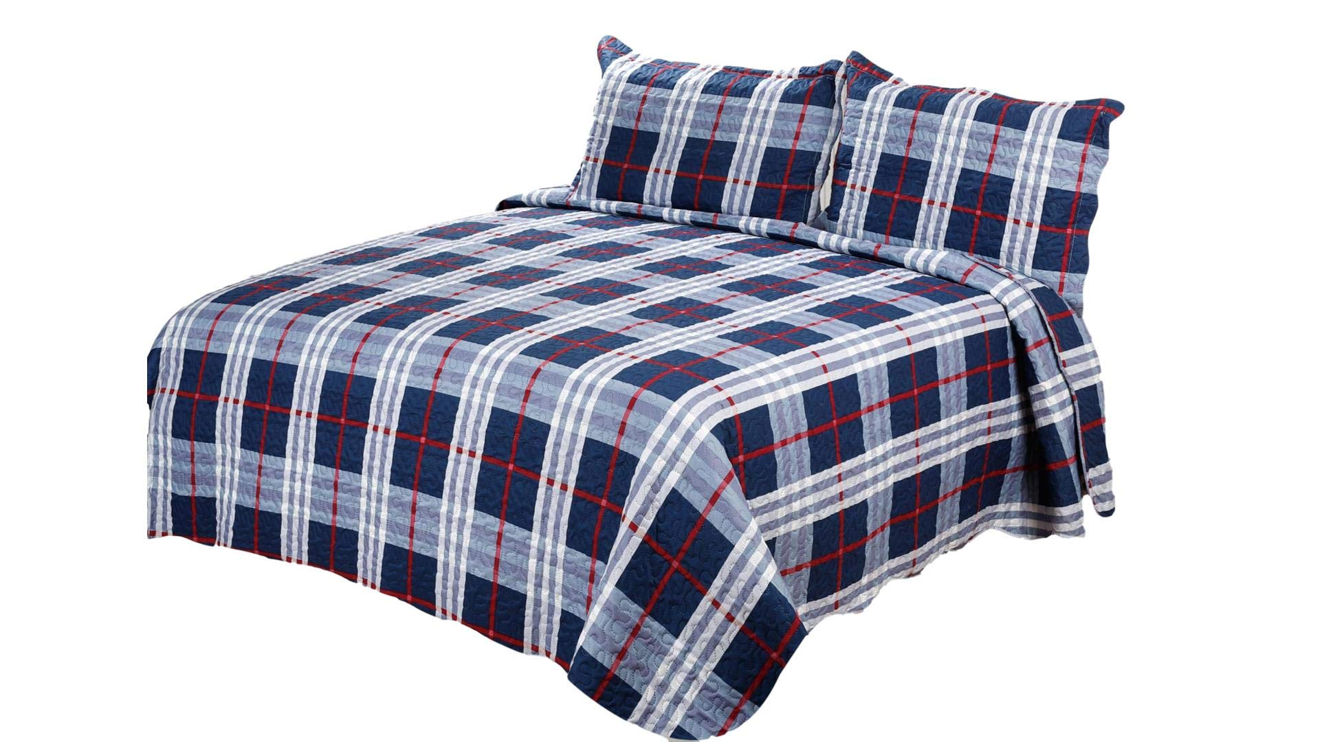 Pinsonic Plaid Bedding 3-Piece King Size Bedspread Set - Navy Check Quilt Coverlet for Cozy Bedroom Decor | Perfect for Guest Rooms & Winter Warmth
