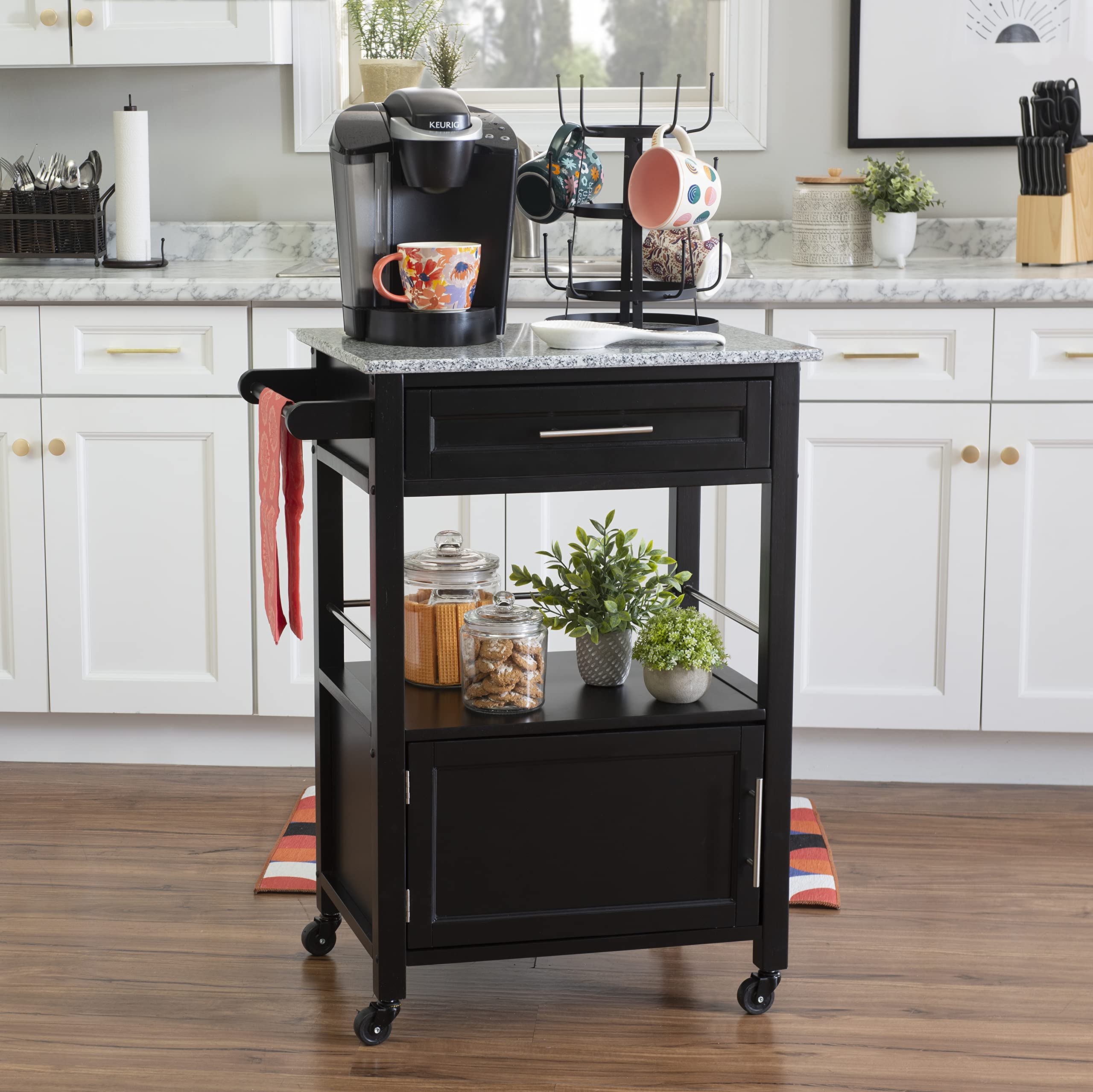 Linon Cayden Black Kitchen Cart - Rolling Island with Storage Shelves & Towel Rack for Small Spaces | Perfect for Kitchen Organization, Dining Room Serving, or as a Mobile Bar Cart