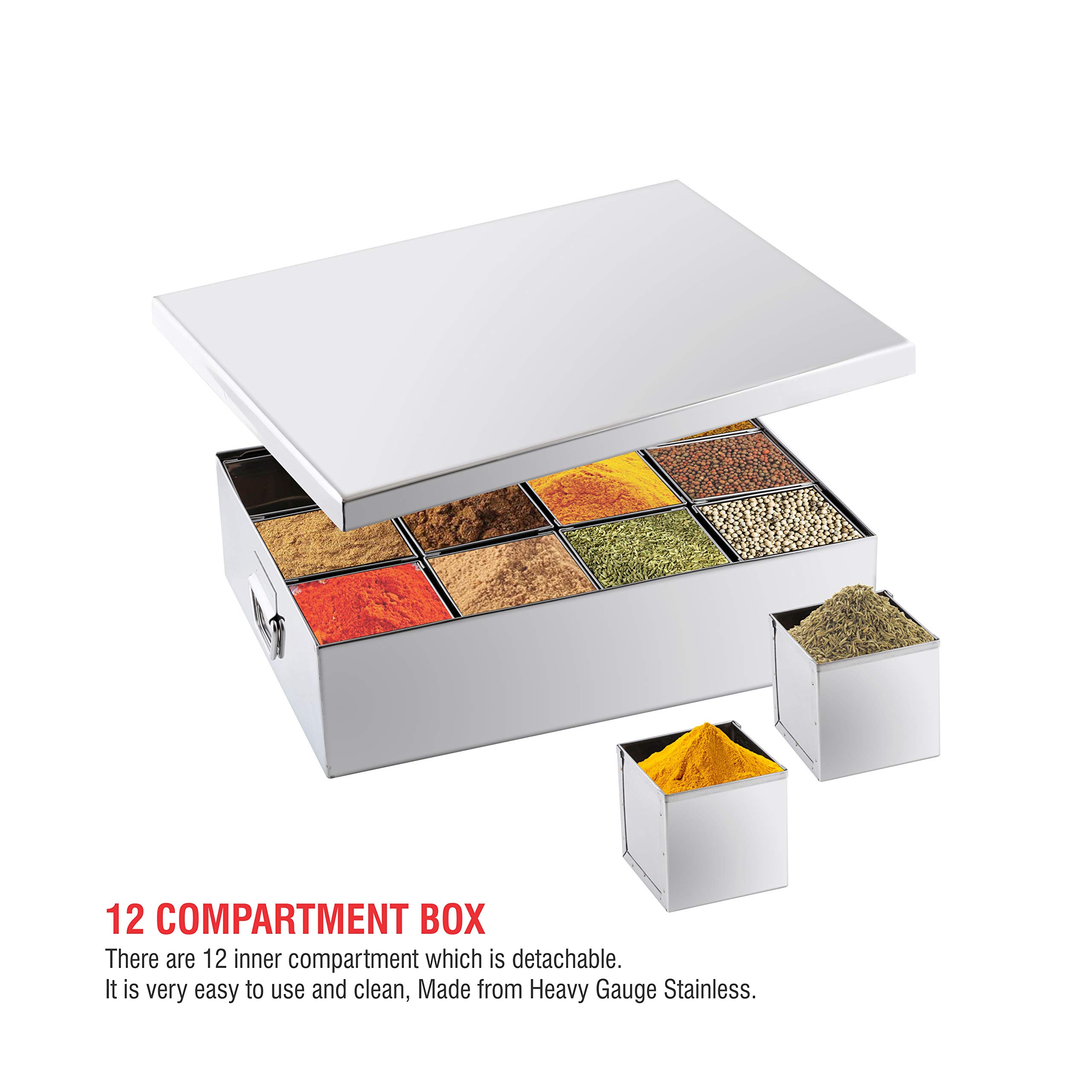 Premium Stainless Steel Masala Dabba Spice Box - 12 Containers, 96 oz Capacity (25x19x6.5 Inches) - Indian Spice Storage Organizer for Kitchen Countertop, Cooking & Meal Prep