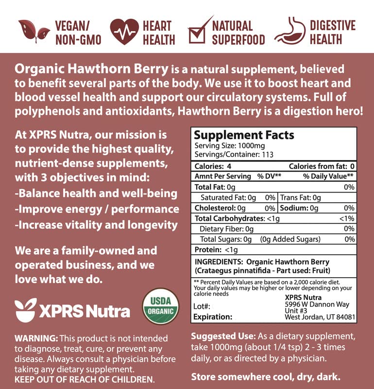 Organic Hawthorn Berry Powder - USDA Certified Premium Hawthorne Berry Supplement for Cardiovascular & Heart Health - Vegan, Non-GMO, Gluten-Free (4oz) - Supports Circulation & Blood Pressure for Active Lifestyles
