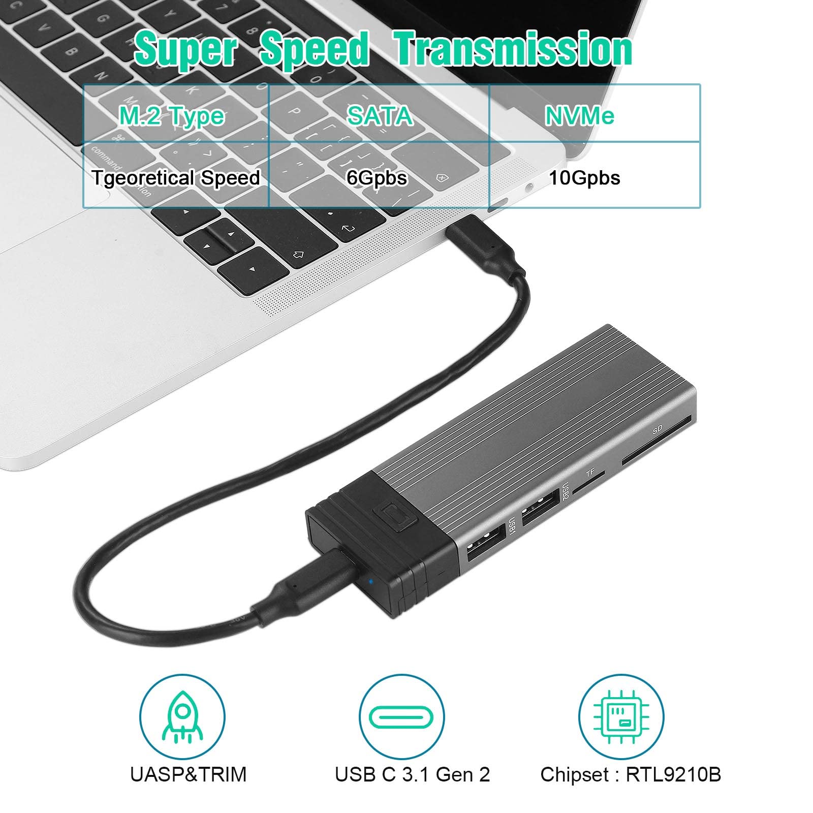 HOOLRZI M.2 NVMe SSD Enclosure - Dual Protocol USB-C 3.1 Gen 2 Case for External SSD Storage | Compatible with MacBook, PC, Laptop & Gaming Console Data Transfer
