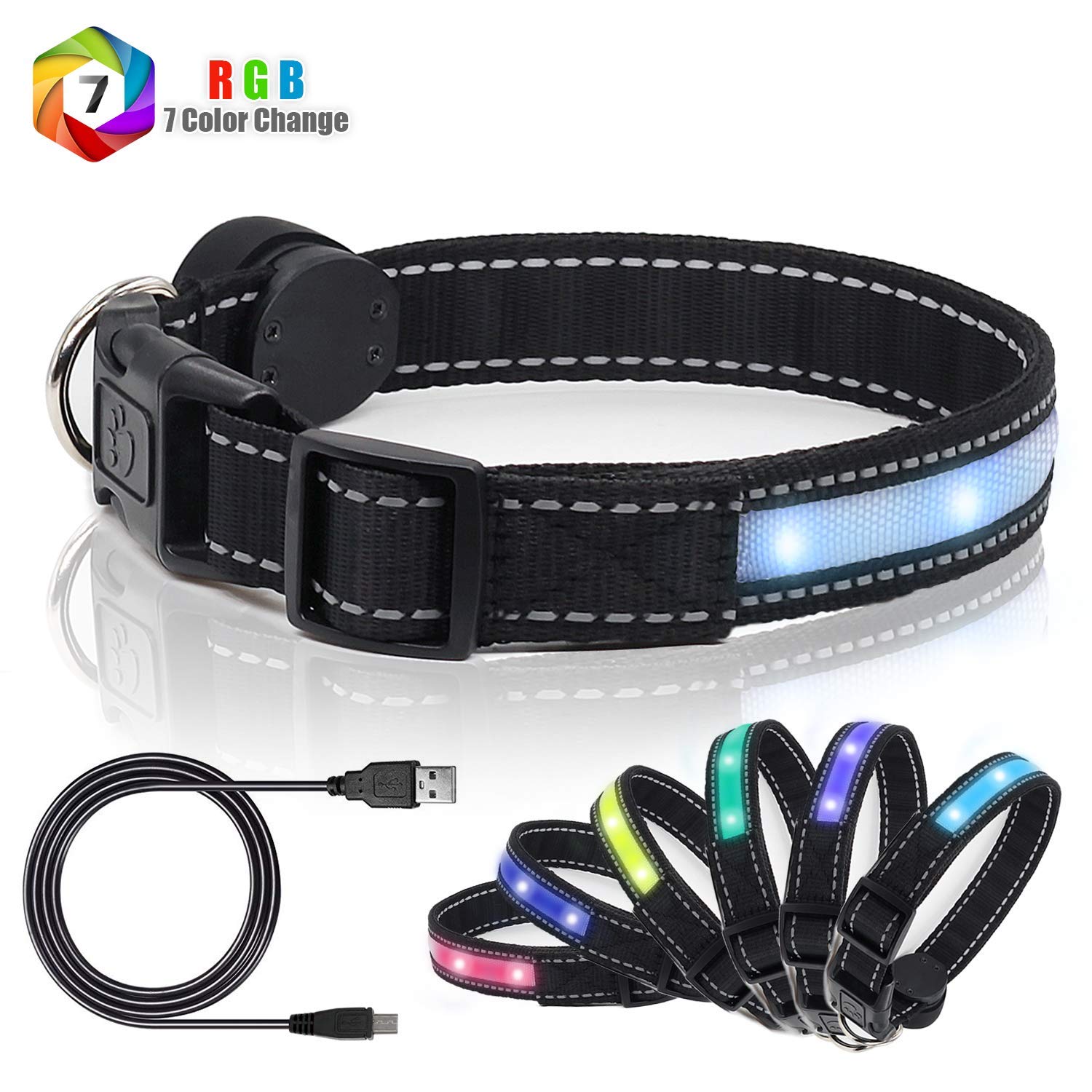 USB Rechargeable LED Dog Collar with 7 Color Changing Modes - Glow in The Dark Adjustable Safety Collar for Small/Medium/Large/XL Dogs - Perfect for Night Walks, Jogging & Outdoor Adventures