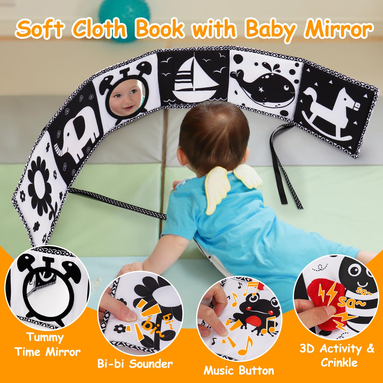 2-Pack Black & White High Contrast Baby Toys 0-6 Months - Soft Crinkle Book for Early Education & Montessori Sensory Development - Newborn Brain Stimulation & Tummy Time Mirror - Perfect Infant Toys 6-12 Months for Baby Shower Gifts & Nursery Playtime