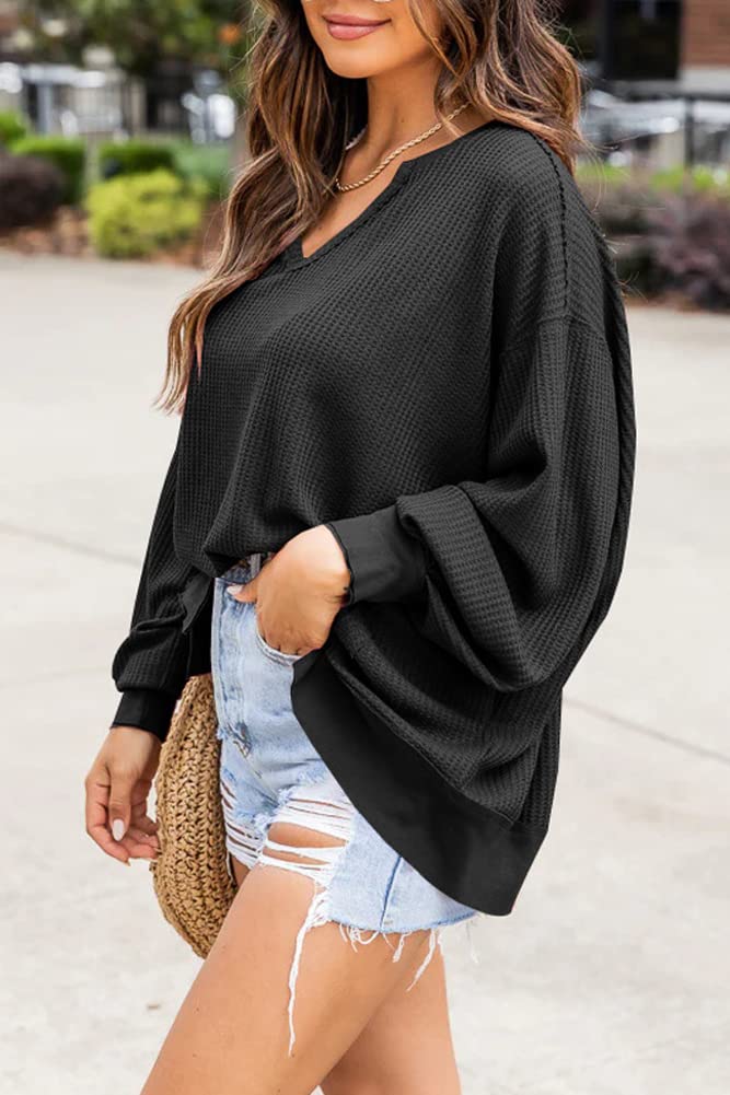 Hotmiss Women's Oversized Waffle Knit Long Sleeve Pullover Sweatshirt - Casual Drop Shoulder Lightweight Top for Fall & Winter | Cozy Lounge Wear, Street Style, Coffee Dates