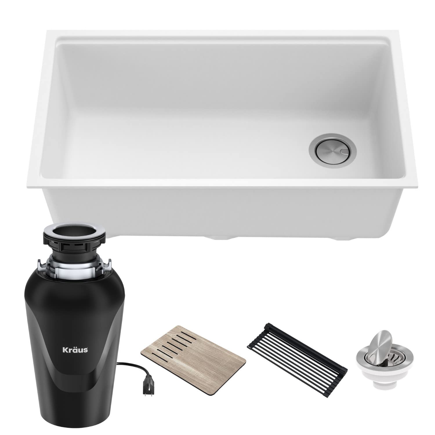KRAUS Bellucci 32-inch Undermount Granite Composite Single Bowl Kitchen Sink in White with Accessories & WasteGuard™ Garbage Disposal - Perfect for Modern Kitchens, Dishwashing, and Food Prep (Model KGUW1-33WH-100-75MB)
