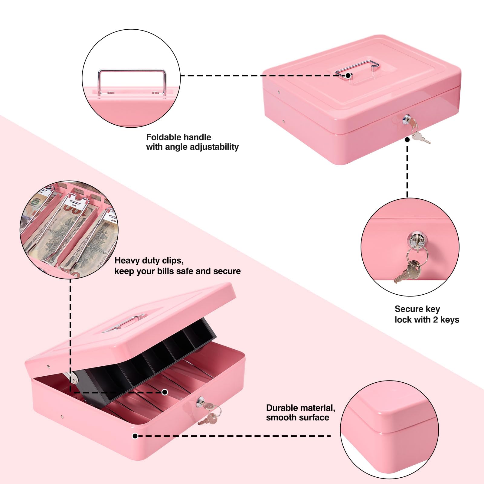 Secure Locking Cash Box with Carry Bag - Heavy Duty Metal Money Safe with Key & Combination Lock, 4 Bill & 5 Coin Slots, Cantilever Design - Pink Money Saving Organizer for Home, Office, Retail & Travel Use