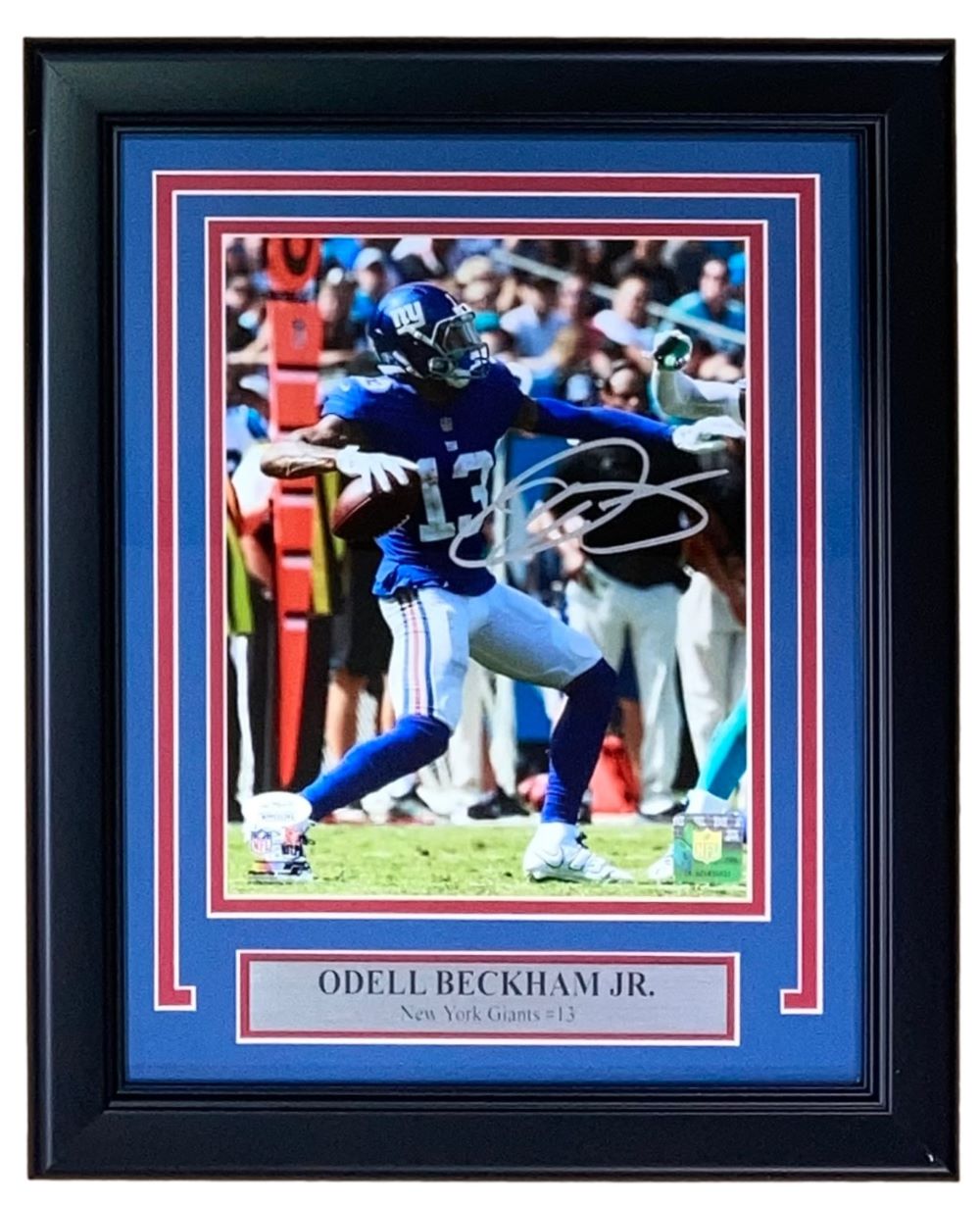 Odell Beckham Jr. Signed Framed 8x10 New York Giants Football Jersey Photo with JSA ITP COA - Perfect for Sports Memorabilia Collectors and Giants Fans Display