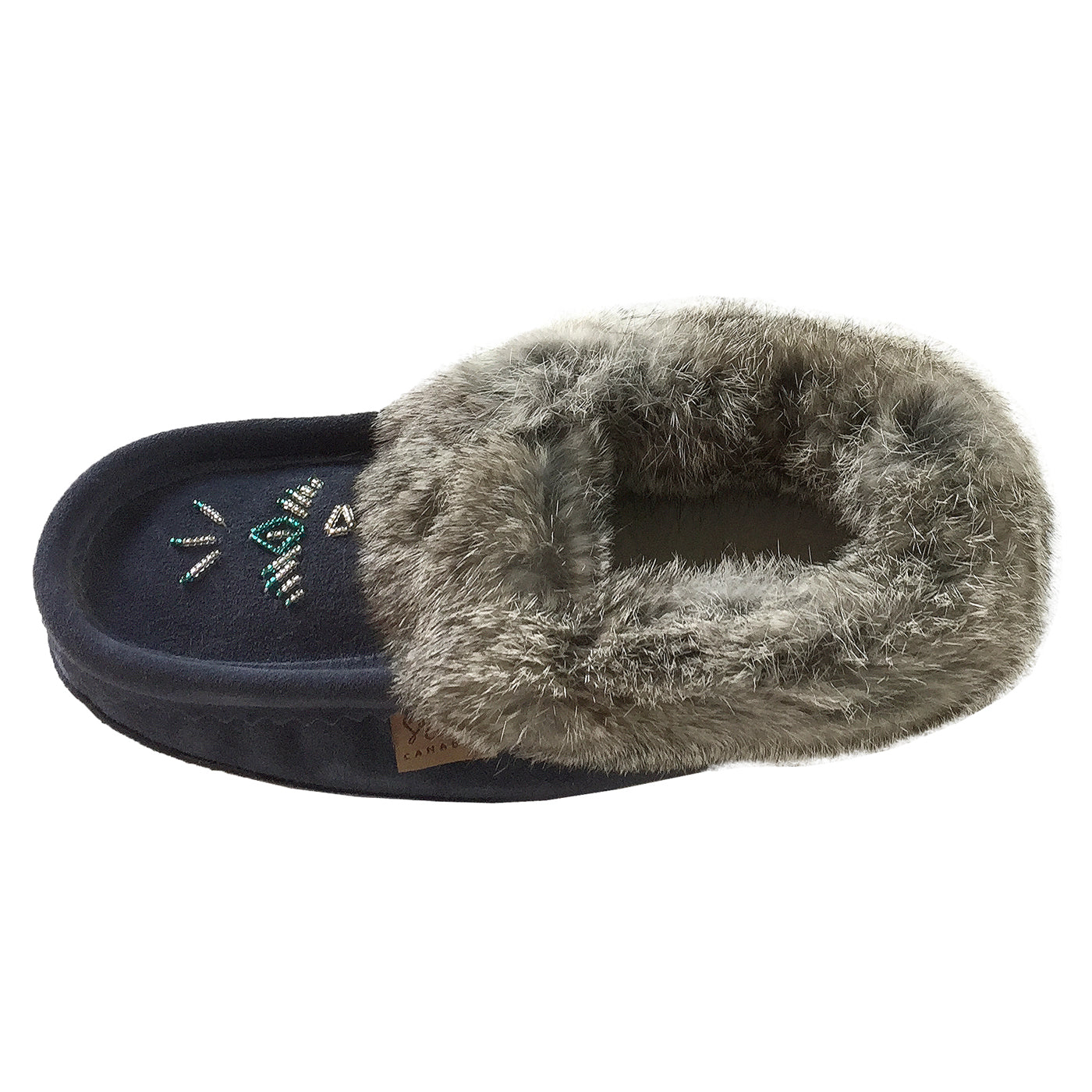 Women's Soft Rabbit Fur Thunderbird Beaded Moccasins - Comfortable Navy Blue Native American Style Slip-On Shoes for Casual Wear, Home & Winter Indoor Use