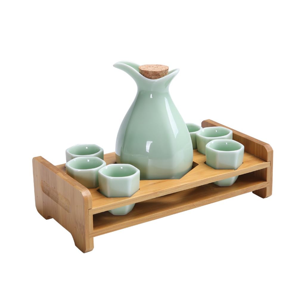 Handmade Japanese Sake Set - 6 Cups & 1 Ceramic Bottle - Traditional Green Glaze - Eco-Friendly Gift Set for Home, Party & Japanese Tea Ceremony