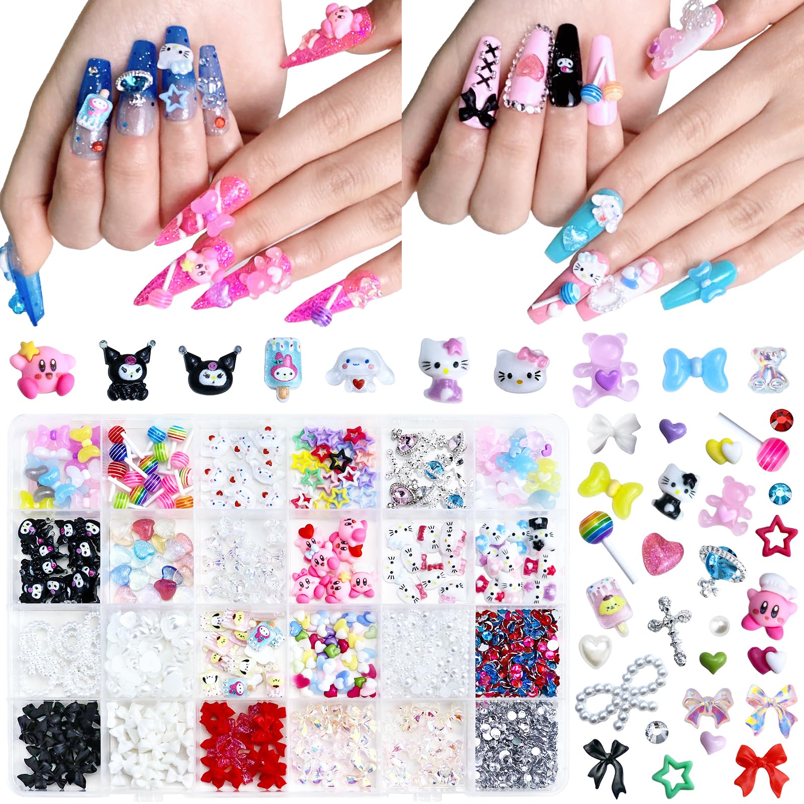 3D Nail Charms Kit - Kawaii Kitty, Bowknot, Lollipop, Bear, Planet & Cross Nail Art Decorations with Rhinestones & Pearls for DIY Nail Design - Perfect for Manicures, Salon Use & DIY Crafts Accessories