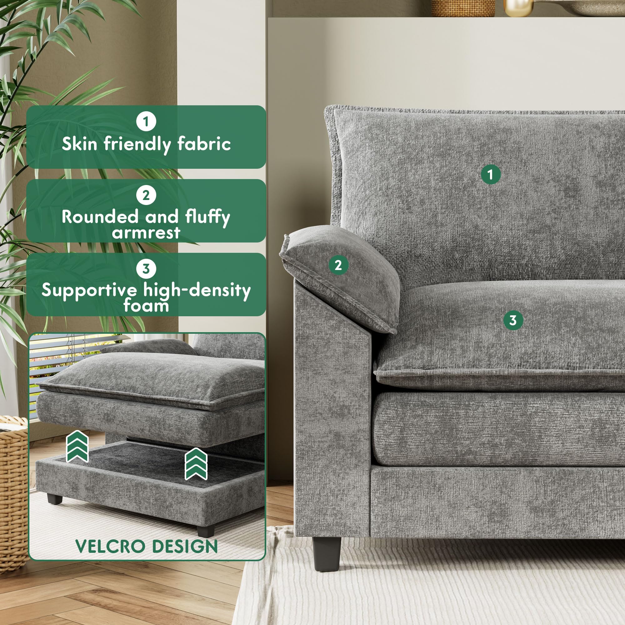 **YESHOMY Modular Sectional Sofa L-Shaped Chenille Fabric Couch with High-Support Cushions & Removable Ottoman – Comfortable Sleeper Sofa for Living Room, Apartment, or Small Space – Grey**    *(Use Case: Perfect for cozy movie nights, family gatherings, or as a stylish space-saving solution in apartments, lofts, and small living rooms.)*