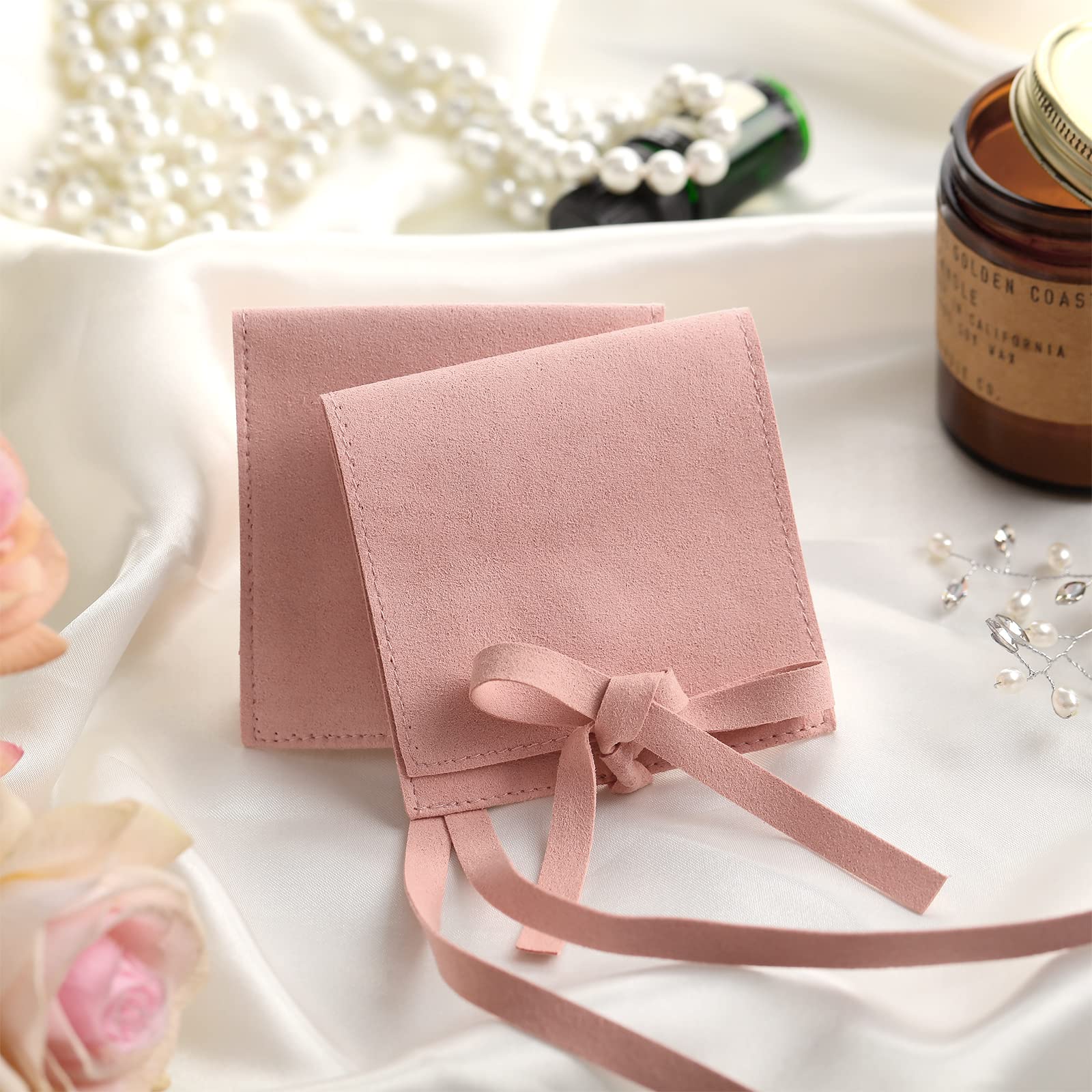 40 Pcs 8x8cm Microfiber Jewelry Pouches with Bow Tie - Soft Pink Luxury Gift Bags for Rings, Necklaces & Earrings - Perfect for Wedding Favors, Bridesmaid Gifts & Jewelry Storage