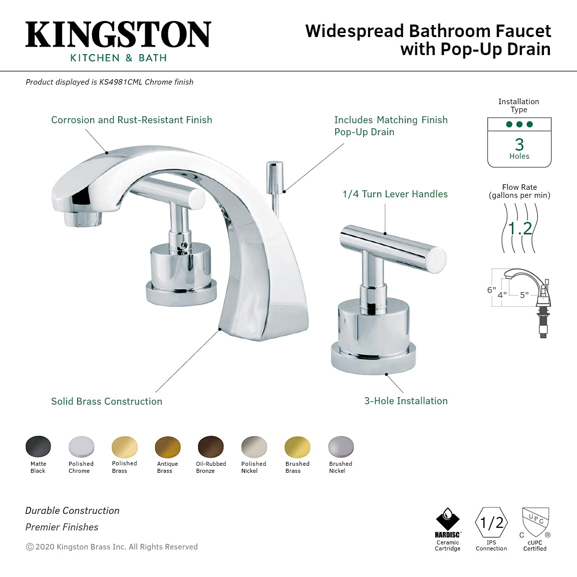 Kingston Brass KS4985CML Manhattan 8-Inch Widespread Bathroom Faucet - Oil Rubbed Bronze Finish - 5-Inch Spout Reach - Perfect for Modern Bathroom Vanities and Powder Rooms