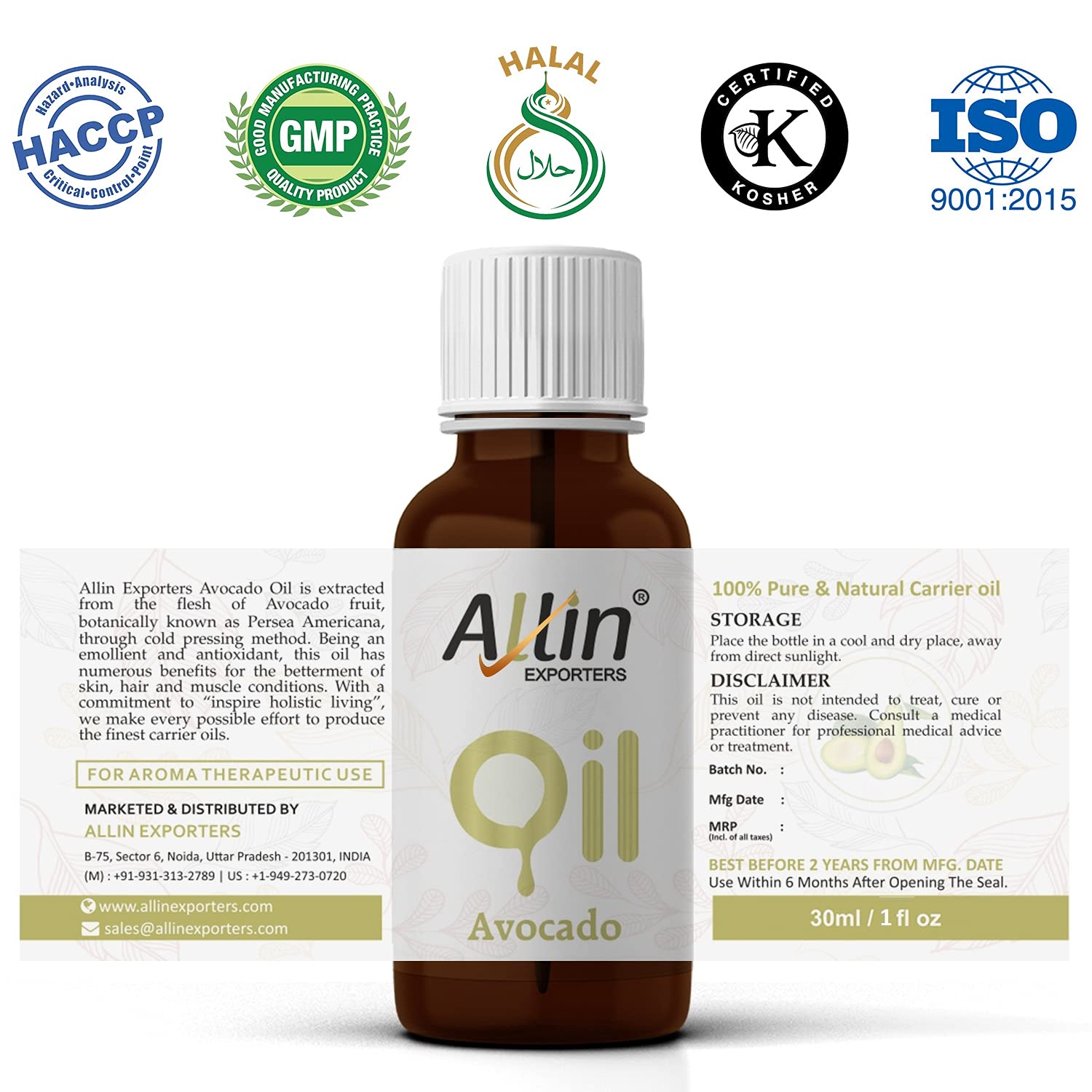 Allin Exporters 100% Pure Avocado Oil 30ml - Natural Hair, Face & Skin Moisturizer with Retinol & Vitamin E - Reduces Wrinkles, Dryness & Signs of Aging - Perfect for Night Care, Massage & DIY Beauty Recipes