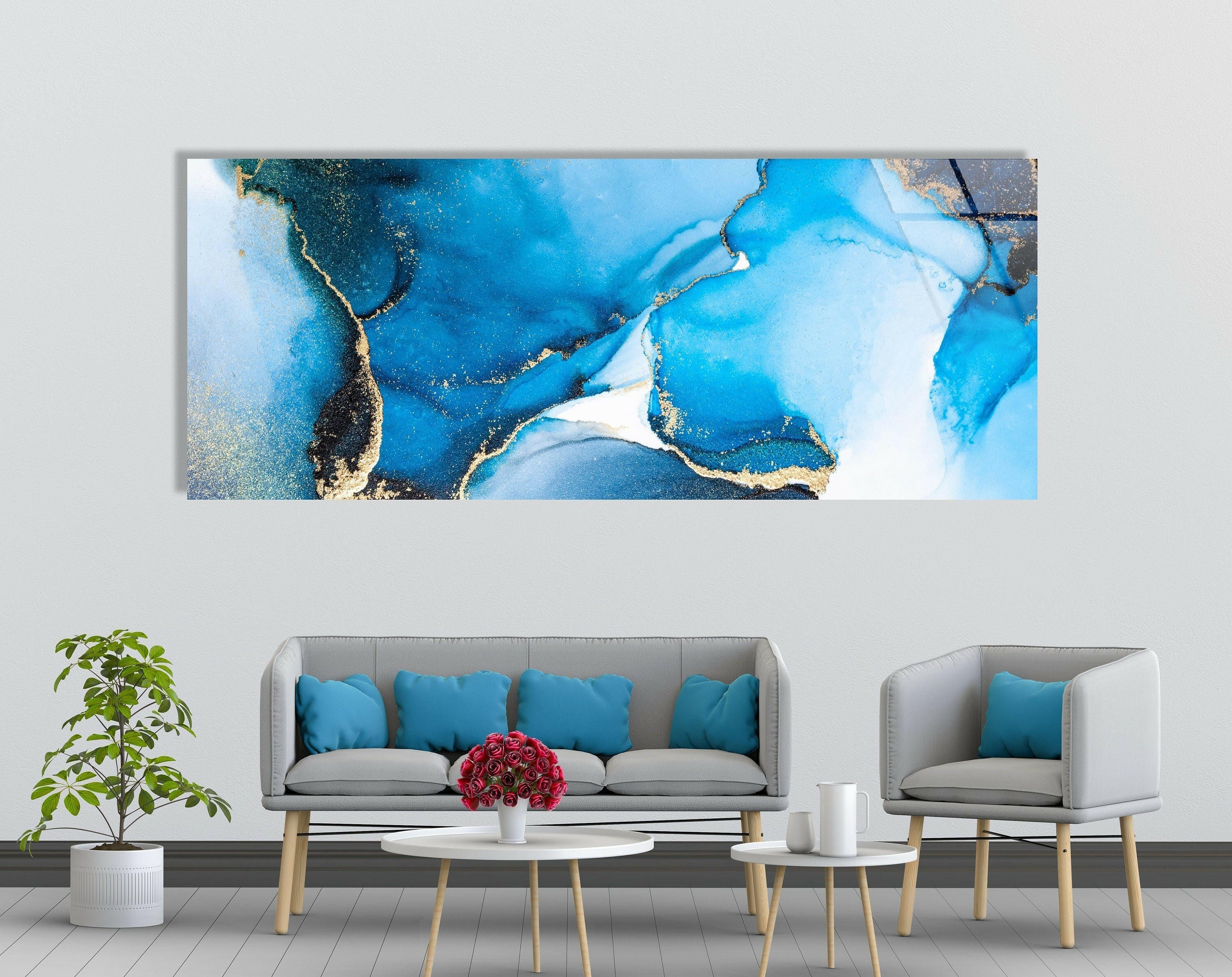Blue Marbled Alcohol Ink Abstract Glass Wall Art - Handmade Modern Home Decor for Living Room, Bedroom, Office | Unique Gift Idea for Housewarming & Wedding