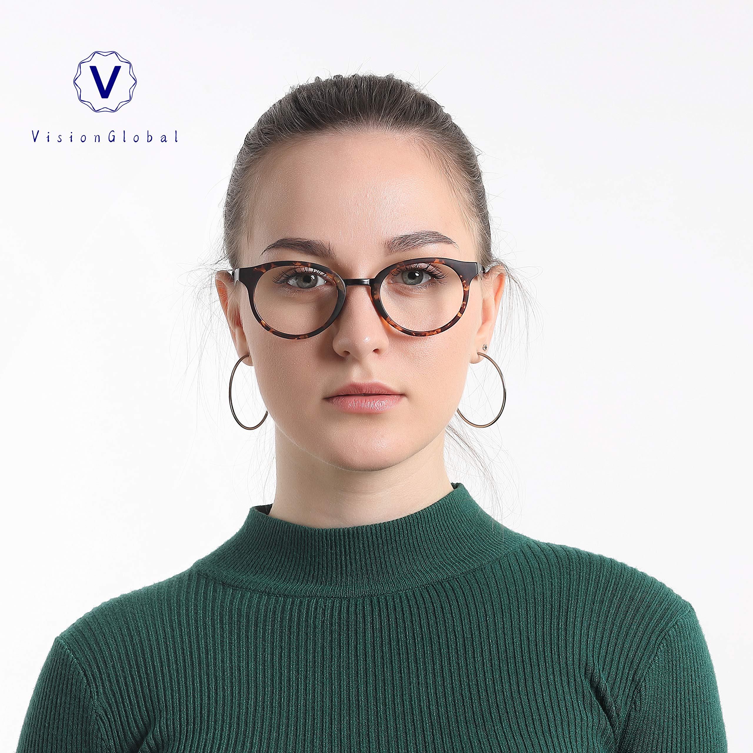 VisionGlobal Blue Light Blocking Glasses for Women & Men - Anti Eye Strain Computer Reading Glasses with Oval Tortoise Frame (1.00 Magnification) - Perfect for Office Work, Gaming & Screen Time