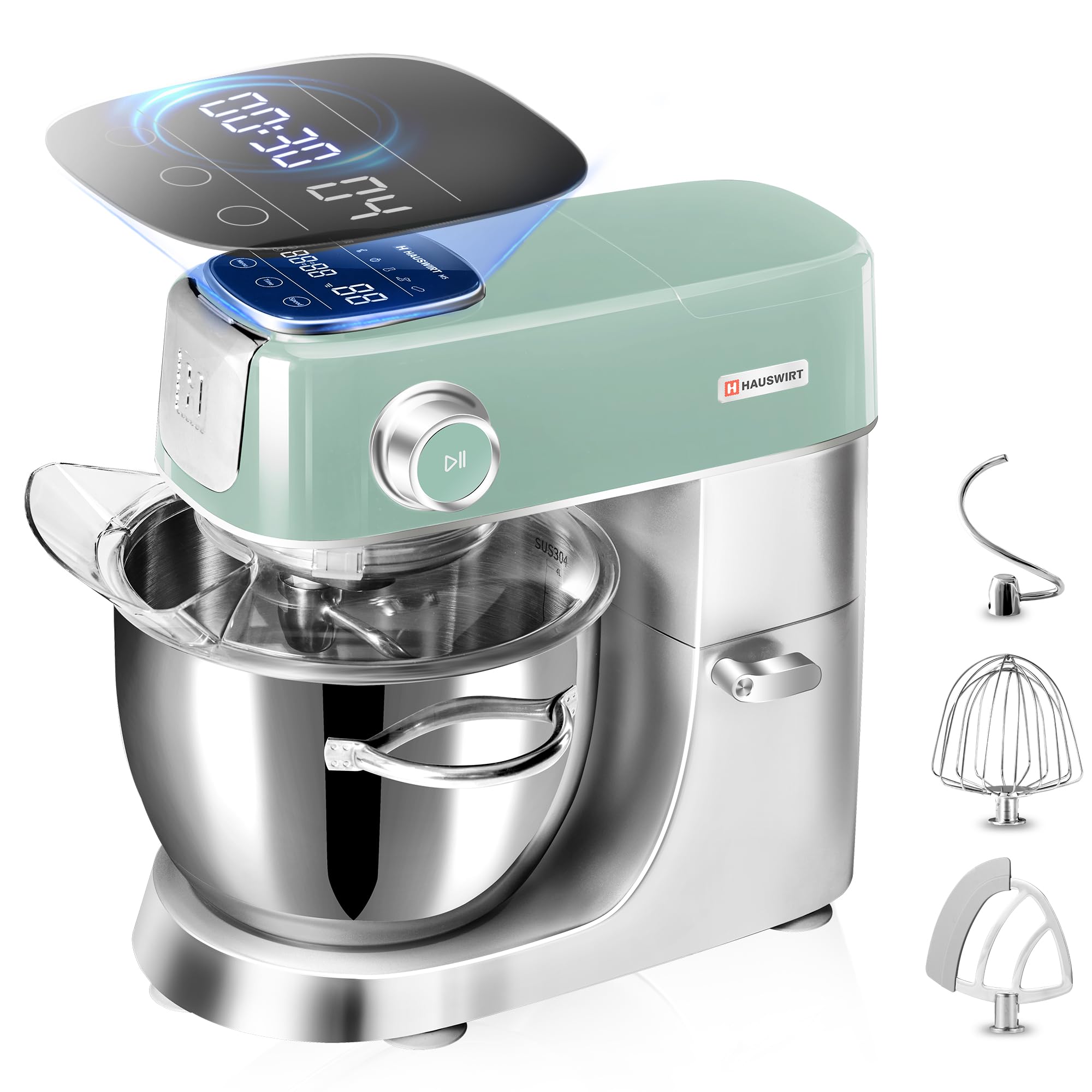 Hauswirt M5 Premium Smart Stand Mixer with LED Touchscreen - 5.3Qt Capacity, 11 Speed Settings, Includes Egg Whisk, Dough Hook & Beater - Perfect for Baking Bread, Cakes & Cookies (Lake Green)