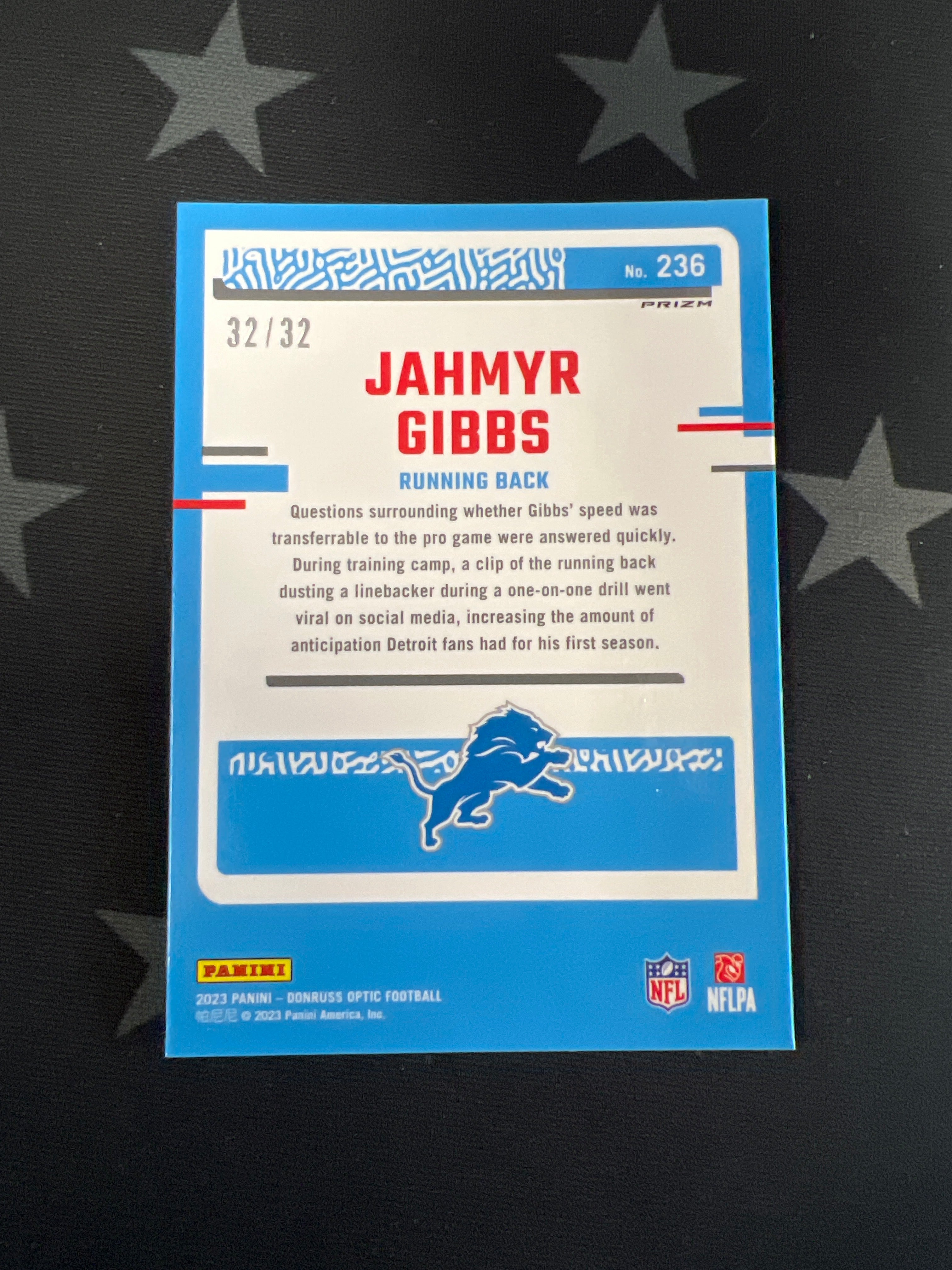 2023 Panini Donruss Optic Jahmyr Gibbs Rookie Card #236 NFL Shield Prizm /32 - Rare Collectible for NFL Fans & Sports Memorabilia Enthusiasts