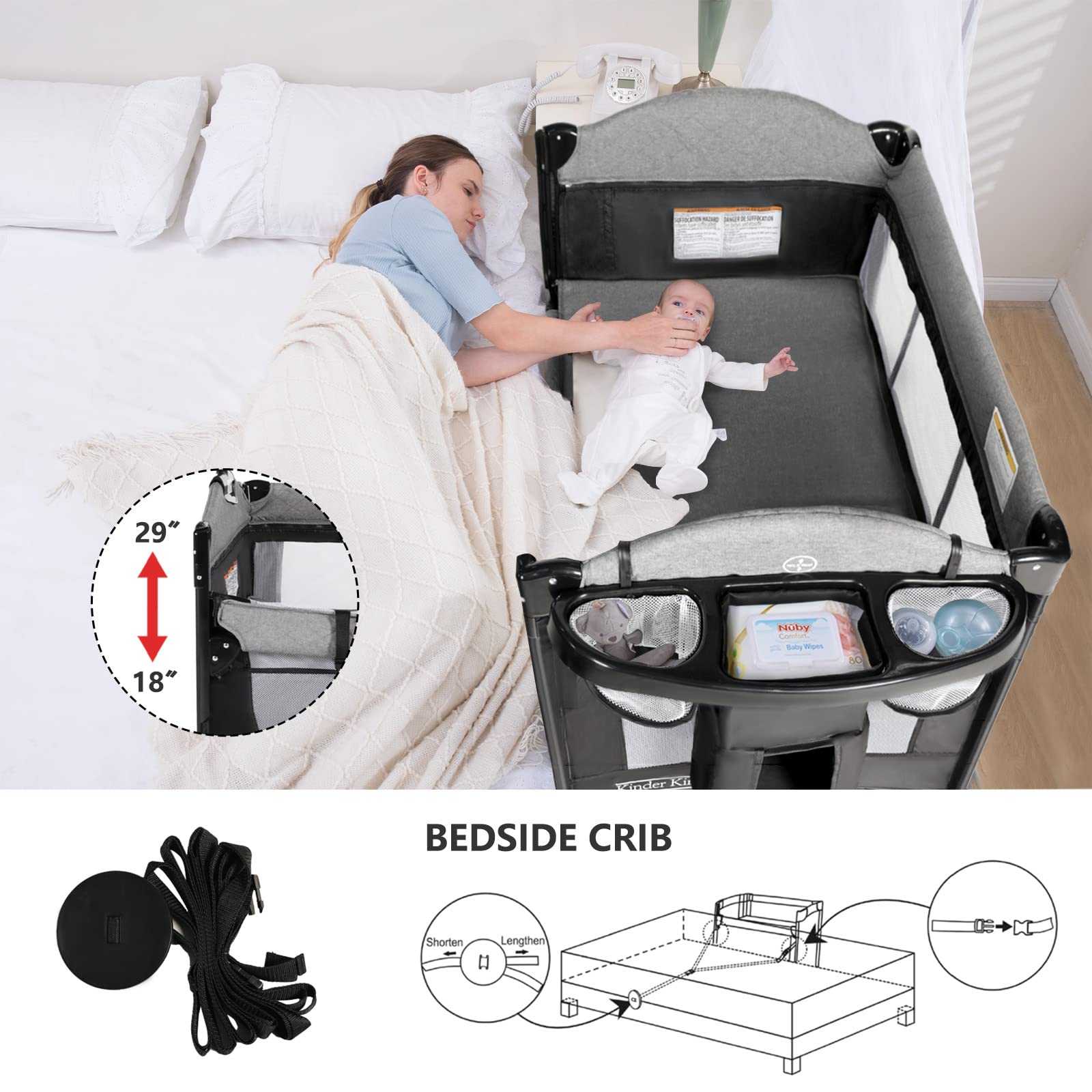 Kinder King 4-in-1 Portable Nursery Center | Foldable Baby Bassinet & Playard with Changing Table & Storage Basket | Perfect for Newborns to Toddlers | Ideal for Bedside Sleeping, Playtime & Diaper Changes