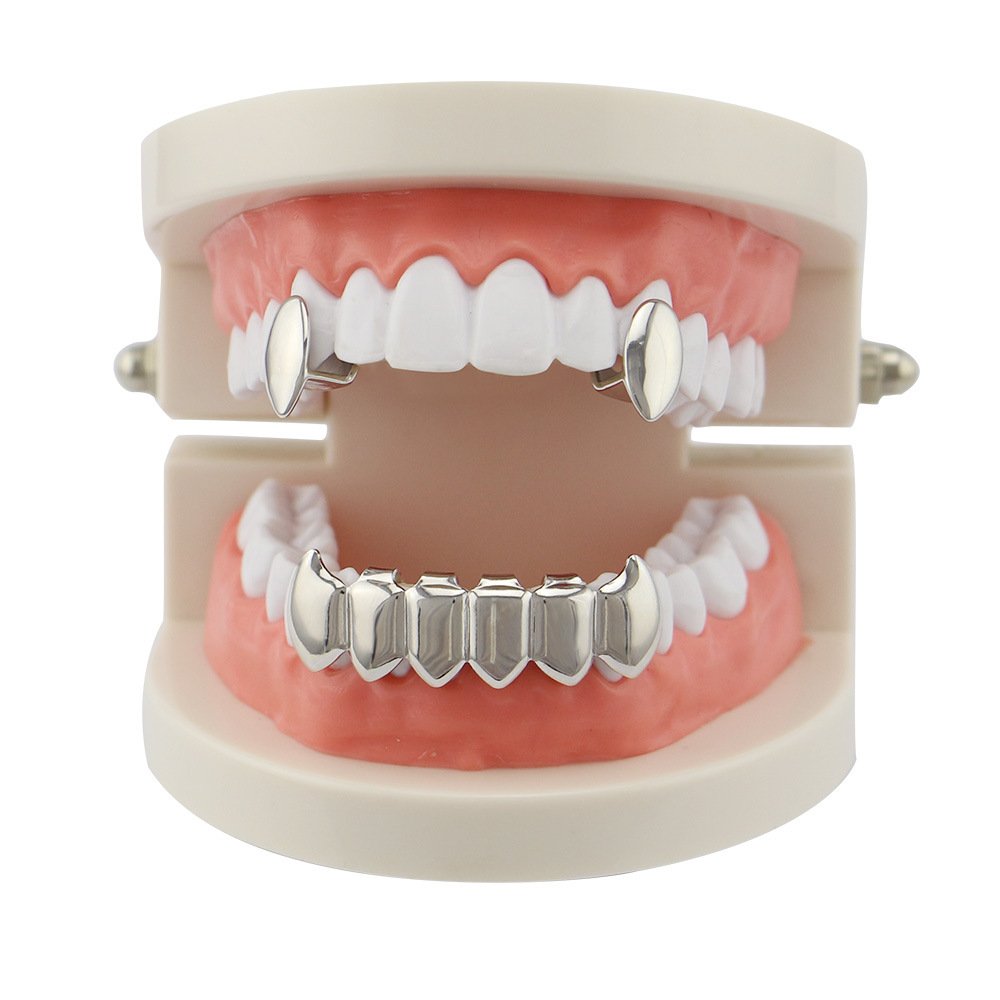 18K Gold Plated Vampire Dracula Teeth Grillz Set - 2 Single Fangs & 6 Bottom Grillz for Halloween Costume, Cosplay, and Gothic Fashion Accessories