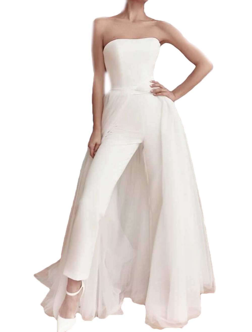 Elegant Strapless Wedding Jumpsuit with Detachable Overskirt - Women's Beach Bridal Gown for Destination Weddings & Romantic Beach Ceremonies
