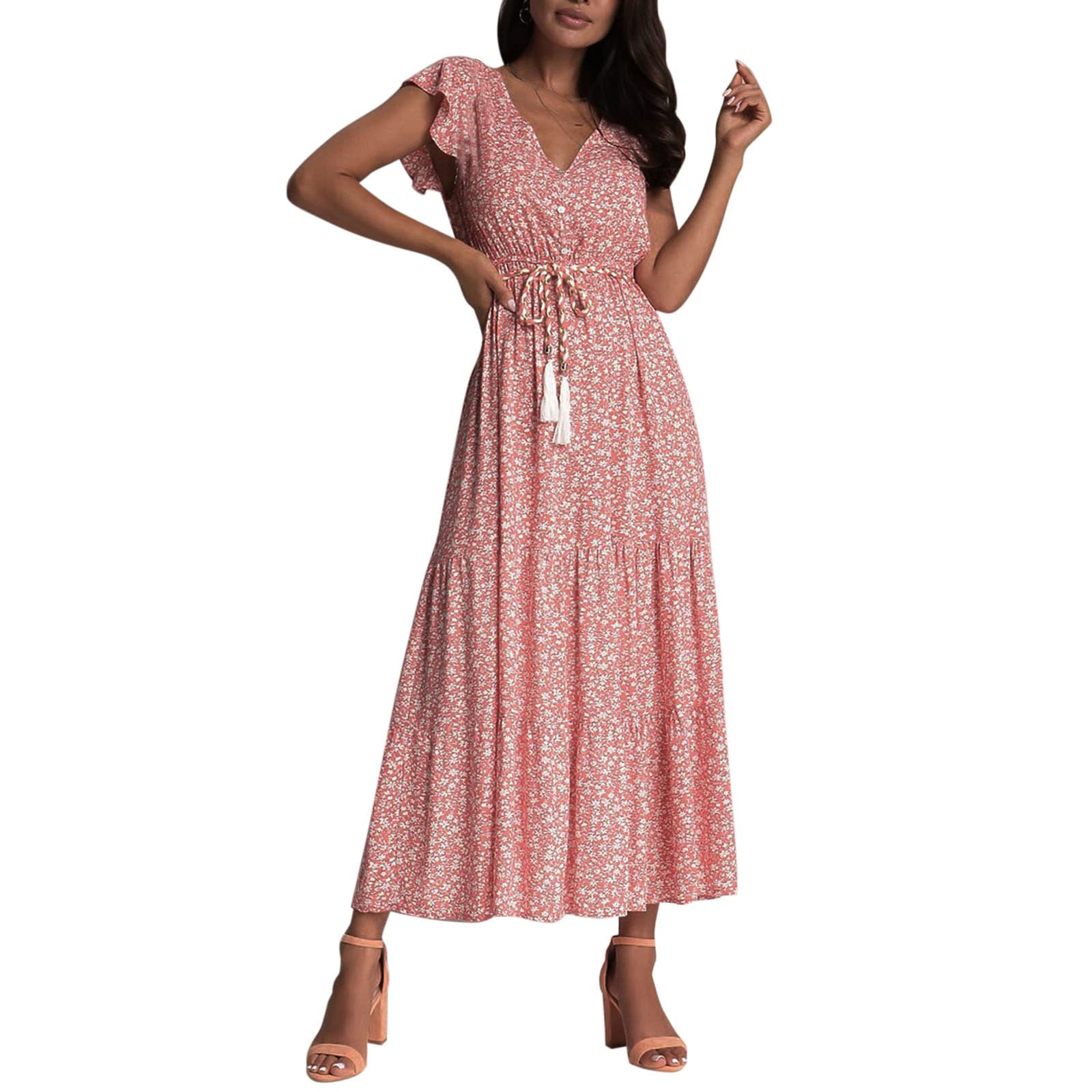 Boho Floral V-Neck Long Dress for Women - Short Sleeve Summer Beach Dress, Casual Fashion T-Shirt Dress for Vacation, Party & Outdoor Activities