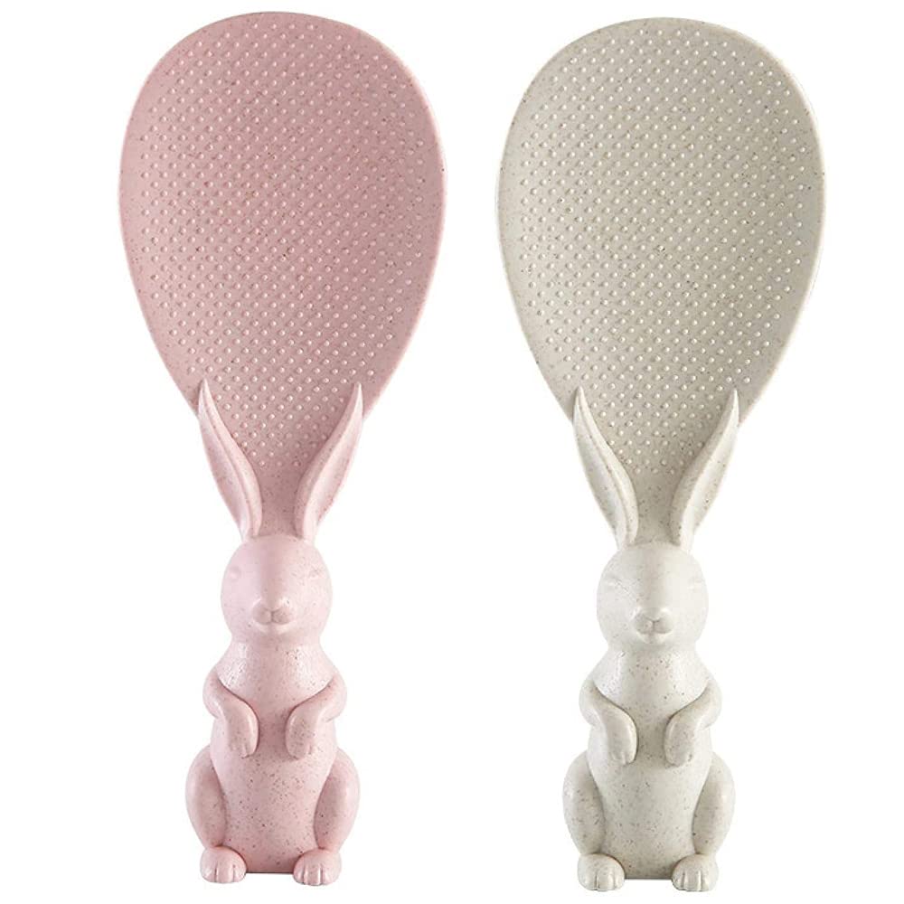 YunQin 2Pcs Cute Bunny Non-Stick Rice Scoop - Standable Rabbit Shaped Rice Spoon for Rice Cooker, Kitchen Utensil Set (Pink+Beige) - Perfect for Home Cooking, Meal Prep & Gift Giving
