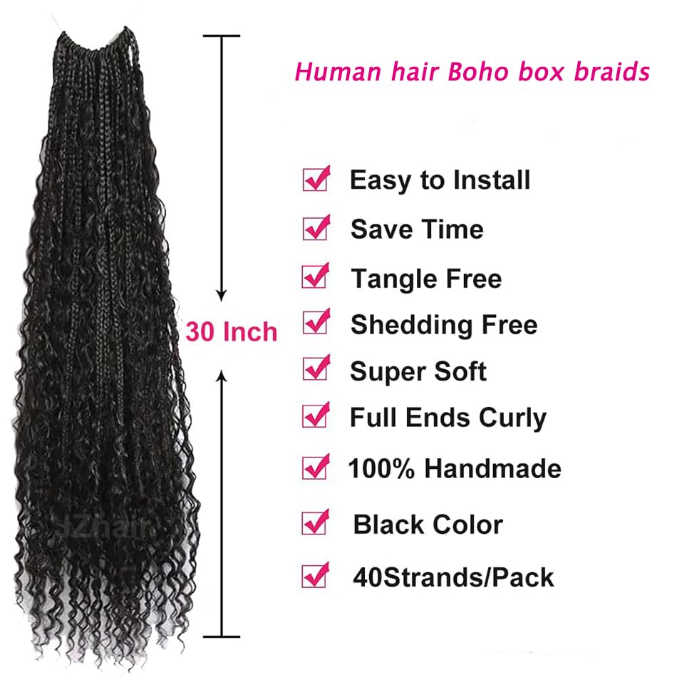 Natural Color 14 Inch Crochet Boho Box Braids with Human Hair Curls - Pre-Looped Box Braids with Curly Human Hair & Full Ends - 2 Pack (80 Strands) Hair Extensions for Women - Perfect for Boho Chic, Festival, and Everyday Protective Styles