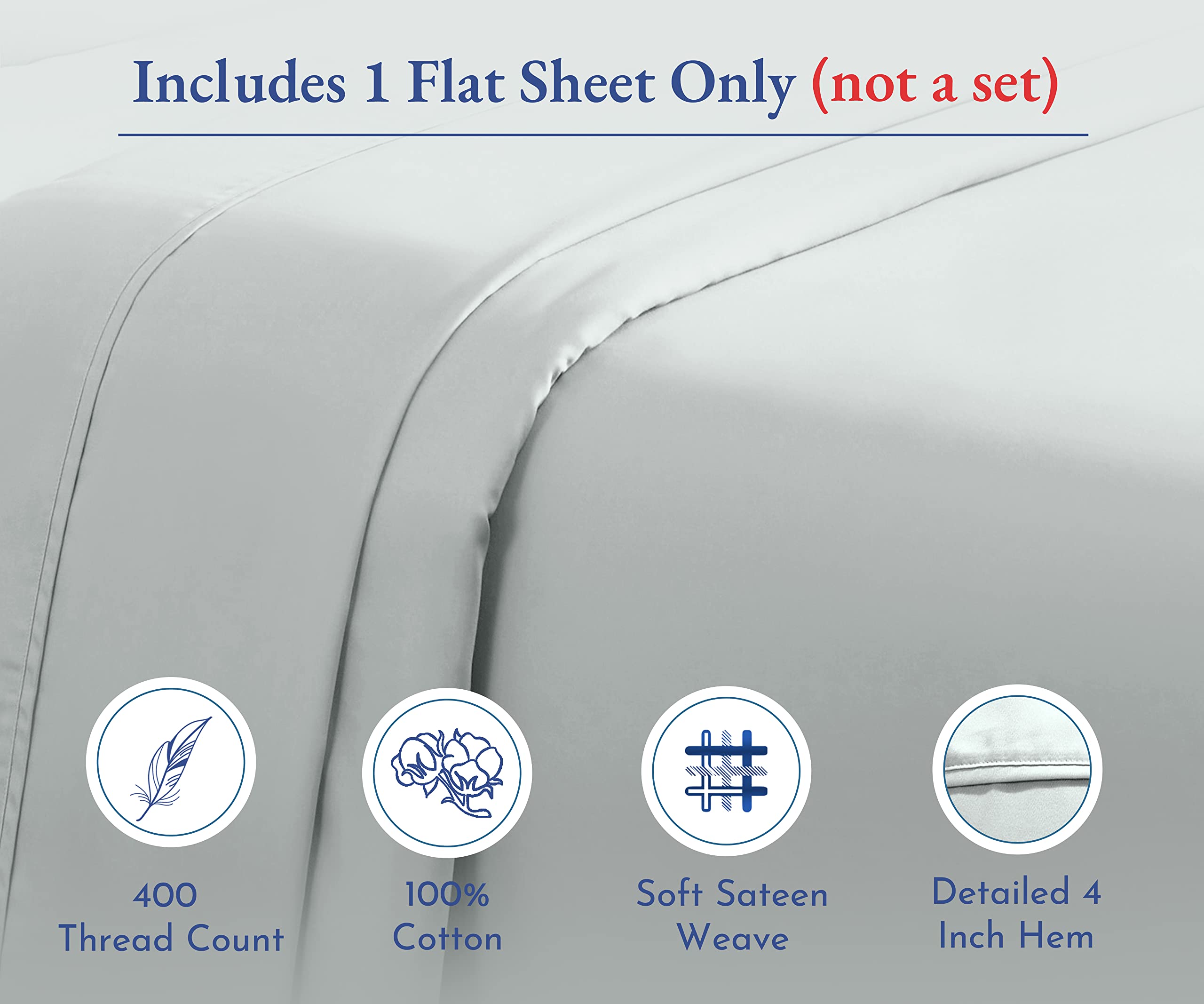 California Design Den 100% Cotton King Size Flat Sheet - 400 Thread Count Sateen Weave, Cooling & Breathable Bed Sheet, Light Grey - Perfect for Hot Sleepers, Luxury Bedding & Guest Rooms