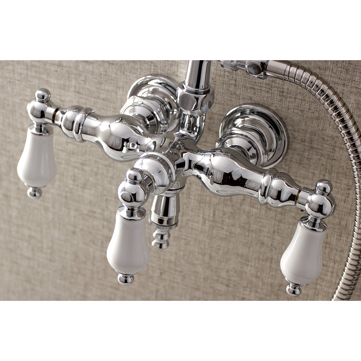 Vintage Style 3-Handle Wall Mount Clawfoot Tub Faucet with Hand Shower - Polished Chrome Finish - Perfect for Bathroom Renovation & Antique Tub Restoration Projects