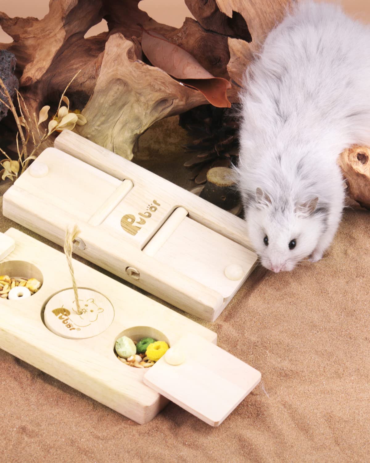 **Wooden Small Animal Foraging Toys - 2Pcs Guinea Pig, Hamster, Rabbit Chew Toys with Hide & Treat Compartments - Interactive Enrichment for Chinchillas, Rats, Gerbils & Dwarf Hamsters - Perfect for Cage Play & Mental Stimulation**
