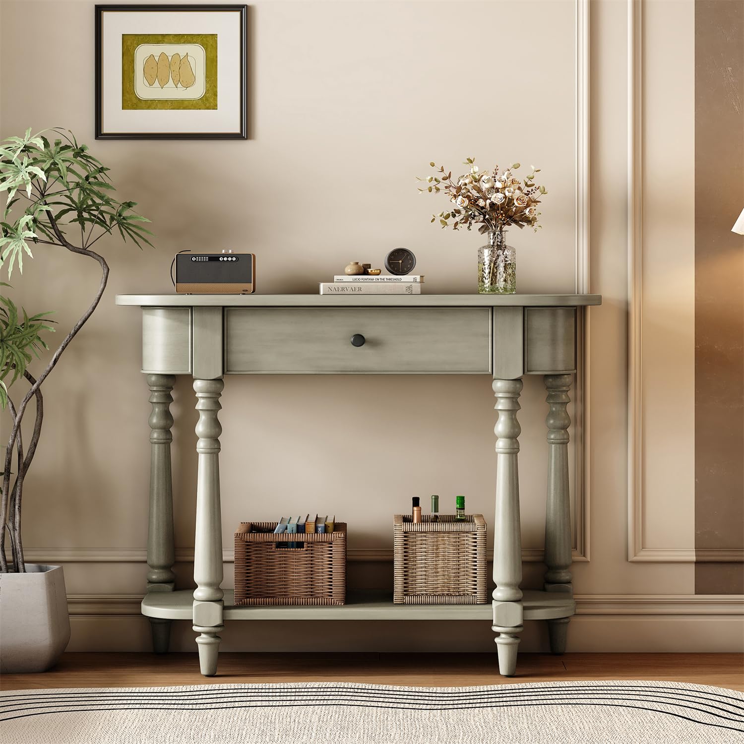 Polibi 36 Inch Retro Console Table with Drawer & Shelf - Solid Wood Sofa Table with Elegant Legs & Curved Corners - Entryway, Living Room Furniture - Grey - Perfect for Hallway Decor, Behind Couch & Small Space Organization