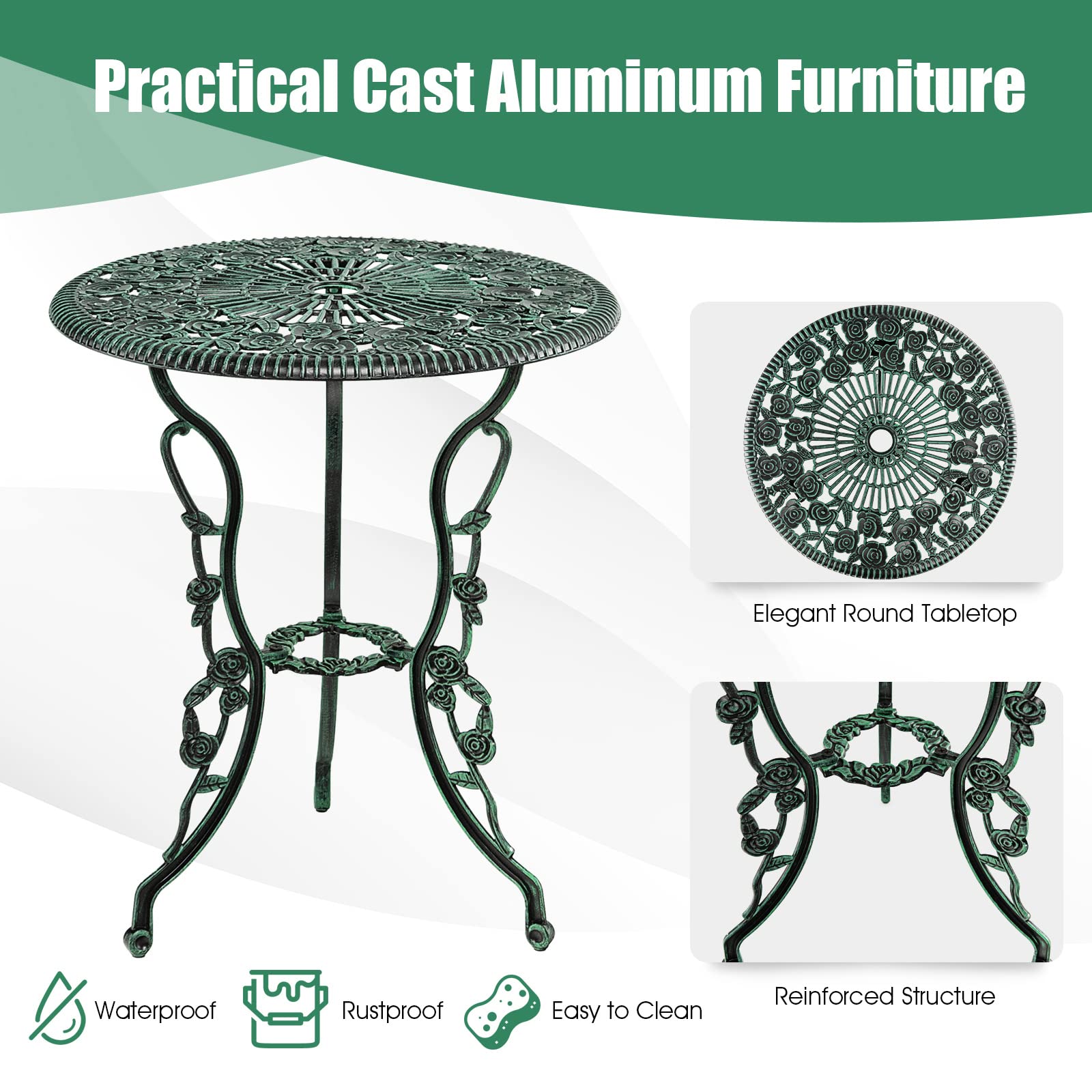 Rust-Resistant 3-Piece Outdoor Bistro Set - Cast Aluminum Patio Furniture with Elegant Rose Pattern & 1.9