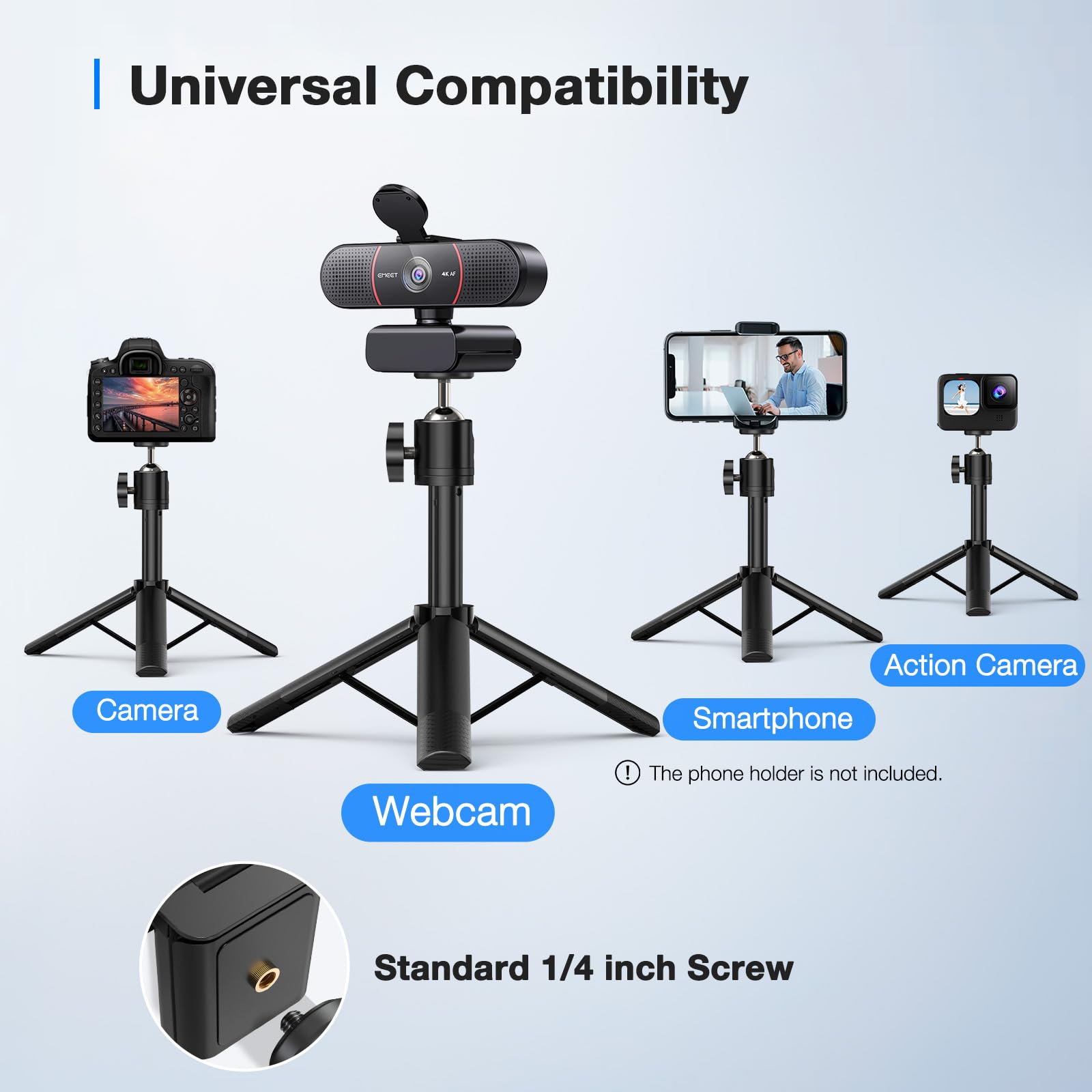 EMEET C960 4K Webcam with Tripod Stand - Sony Sensor, 360° Swivel Head & Adjustable Height, Built-in Dual Noise Cancelling Mics, Auto Focus & Light Correction - Ideal for Zoom Meetings, Online Classes, Live Streaming & Video Conferencing