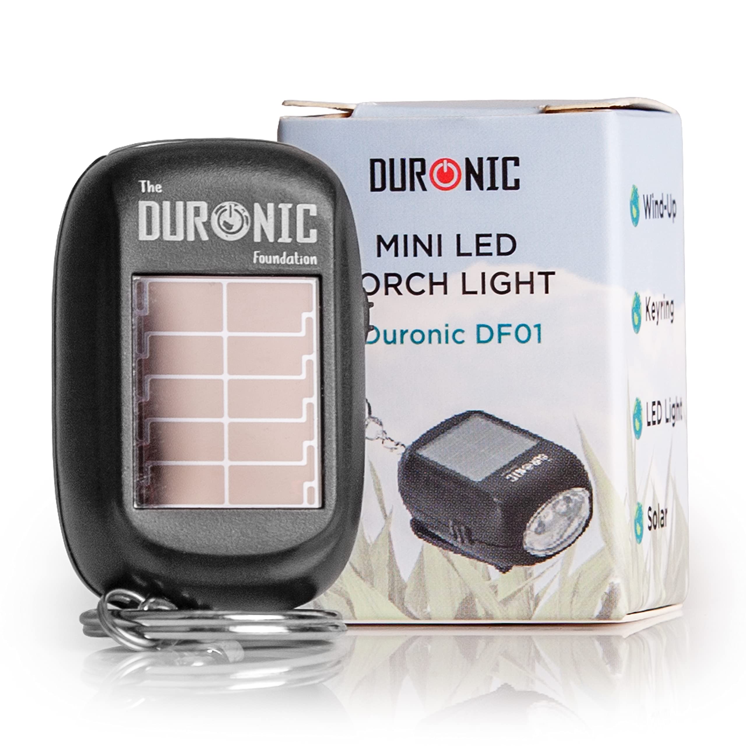 Duronic Keyring LED Torch DF01 - Rechargeable Pocket Flashlight with 2-Way Charging (Solar Panel & Hand Crank), 8 Lumens, Battery-Free Dynamo Keychain Light for Camping, Hiking, Emergency & Outdoor Adventures