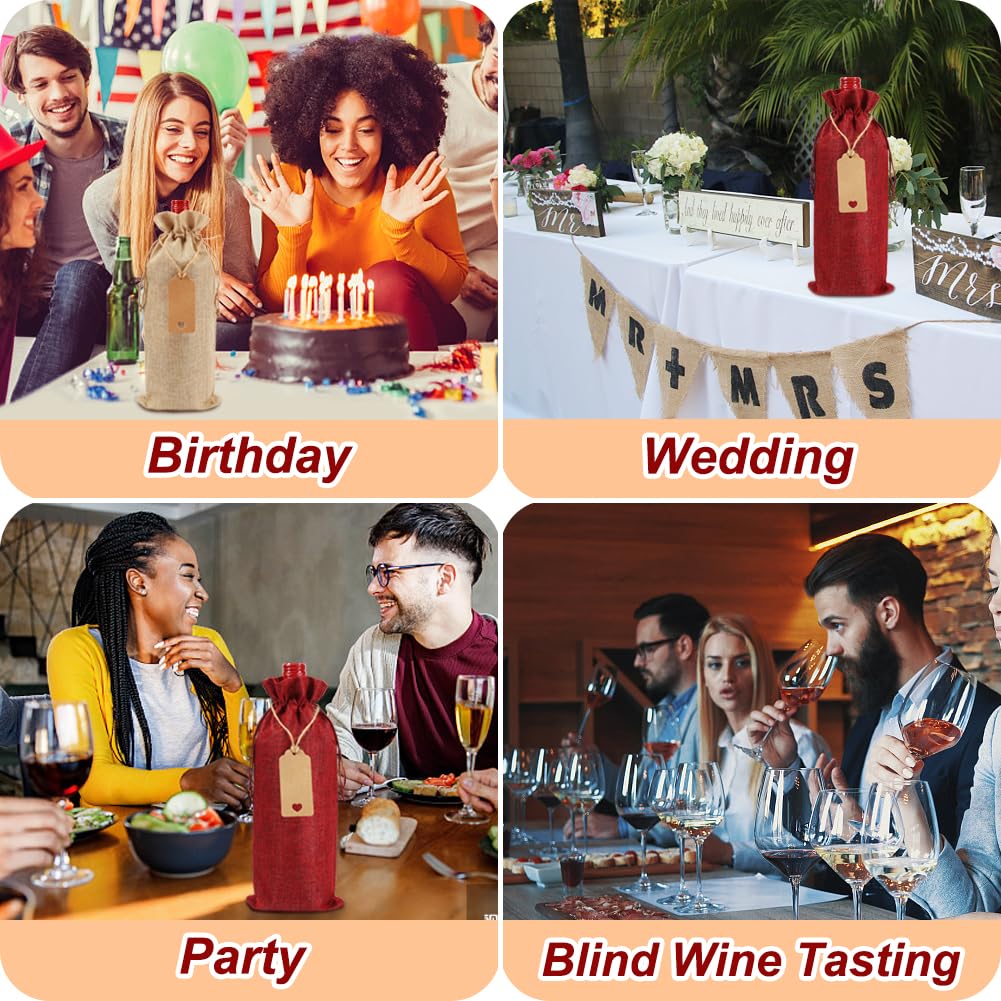 Shintop 12-Piece Reusable Burlap Wine Gift Bags with Drawstring - Eco-Friendly Christmas, Wedding, Birthday & Blind Tasting Bottle Bags (Brown & Red) - Perfect for Holiday Gifting, Party Favors & Wine Tasting Events