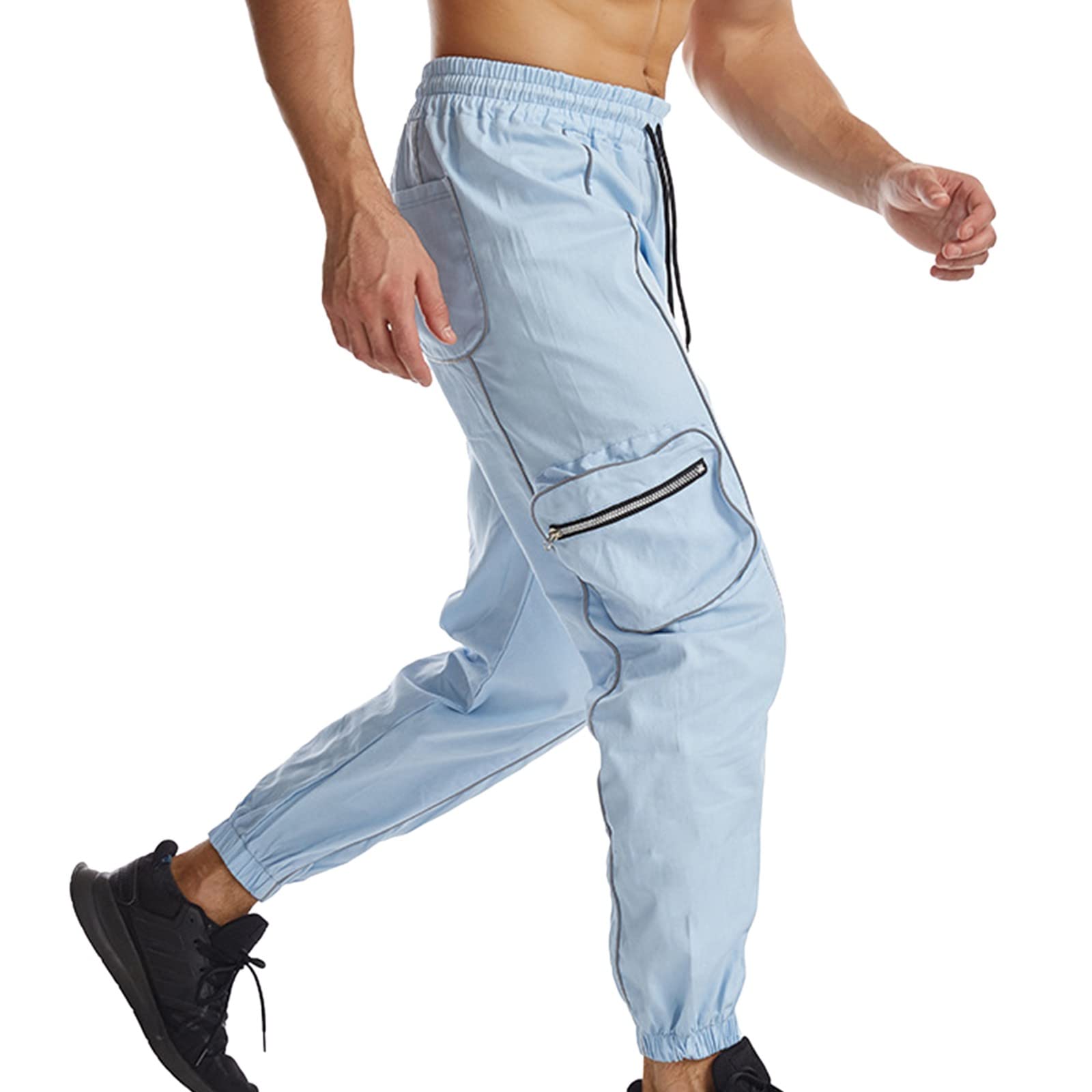 Men's Reflective Cargo Pants with Pockets - Casual Running Jogging Workout Pants for Outdoor Activities & Gym Training | Striped Waistband Mid-Rise Design | Also Great for Hiking and Travel