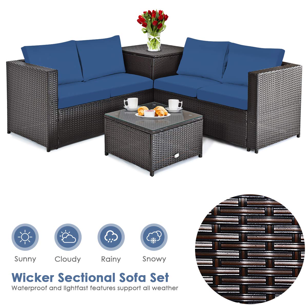 HappyGrill 4-Piece Patio Furniture Set - Outdoor Rattan Wicker Conversation Sofa with Storage Box & Tempered Glass Coffee Table - Perfect for Backyard, Garden, Porch, Poolside & Outdoor Entertaining