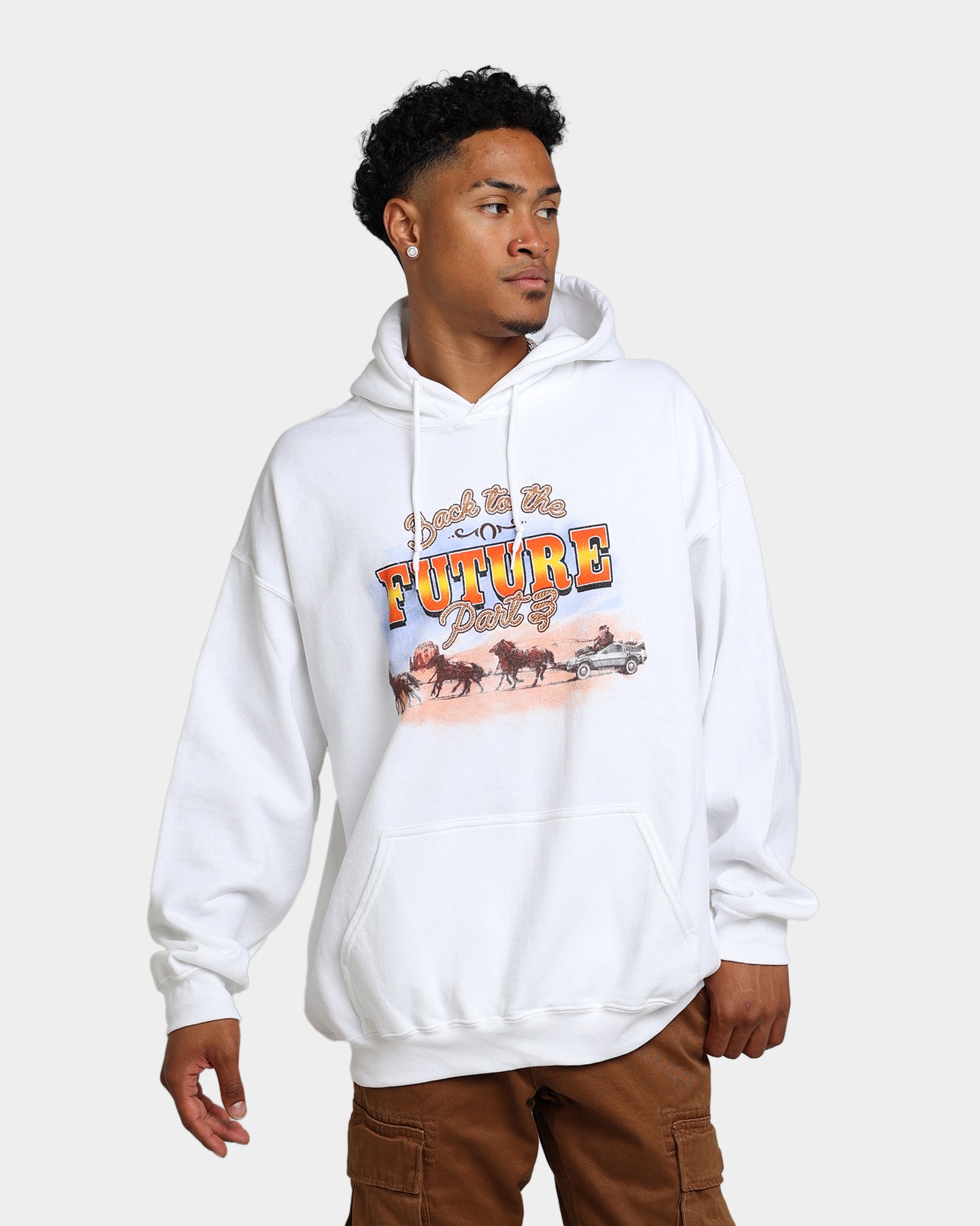 American Thrift X Back To The Future 3 Hoodie - White Retro Movie Merchandise for Fans - Perfect for Cosplay, Movie Nights & Casual Wear