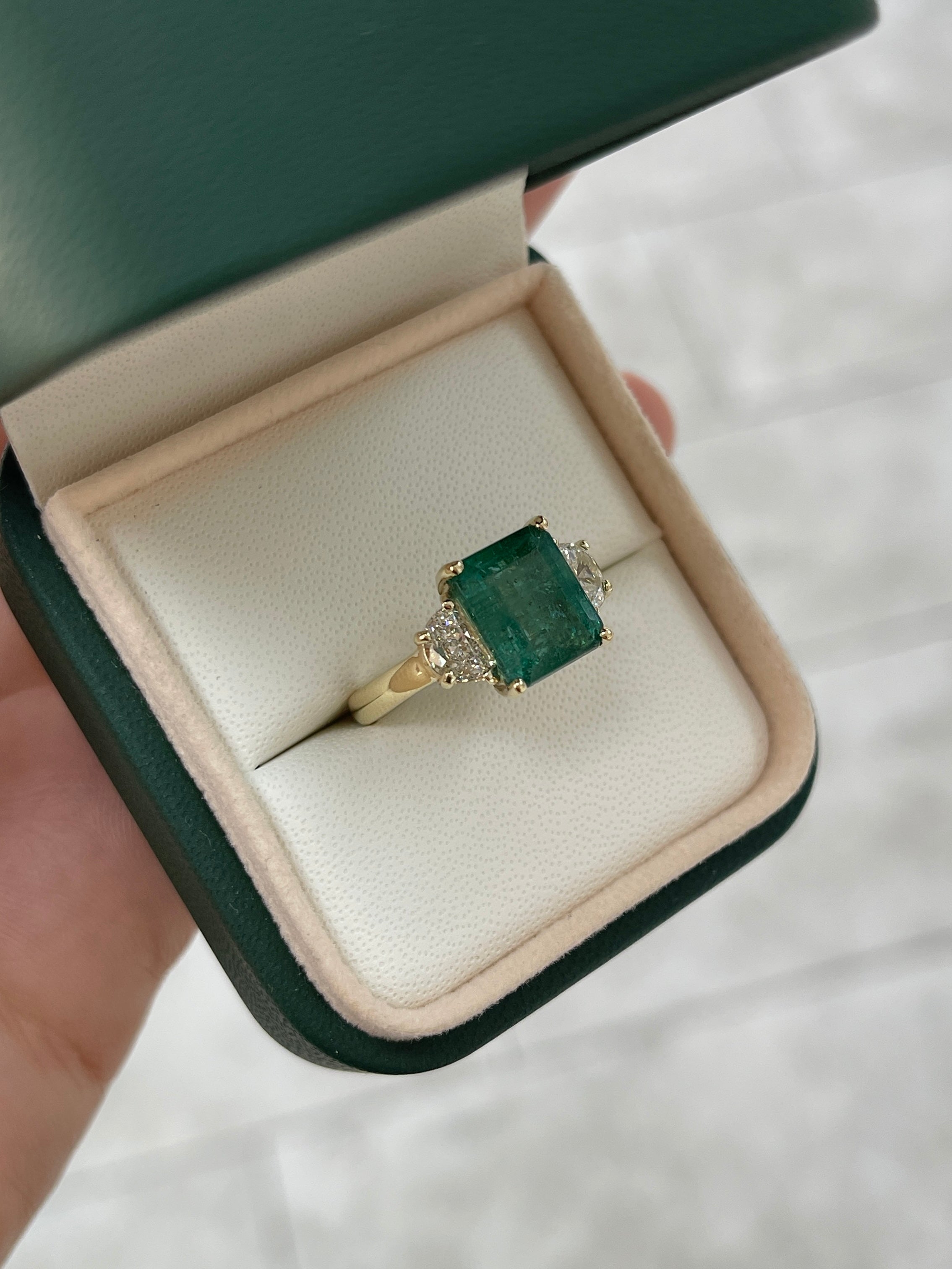 4.88tcw Natural Emerald & Lab-Created Half Moon Diamond 14K Gold Three Stone Ring for Engagement, Wedding, Anniversary & Special Occasions