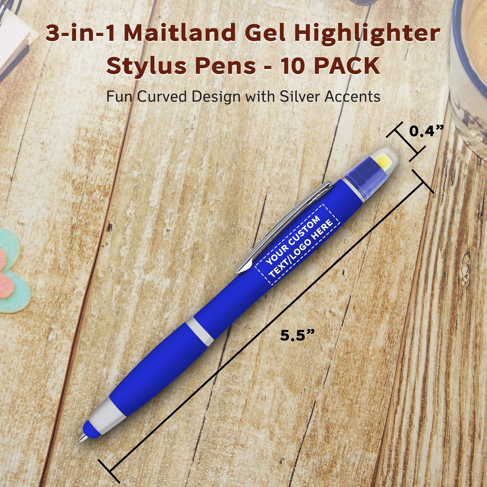 Personalized Smooth Writing Maitland Gel Highlighter Stylus Pens - 10 Pack Custom Plastic Pens with Text/Logo - Blue | Perfect for Office, School, Note-Taking & Gift Giving